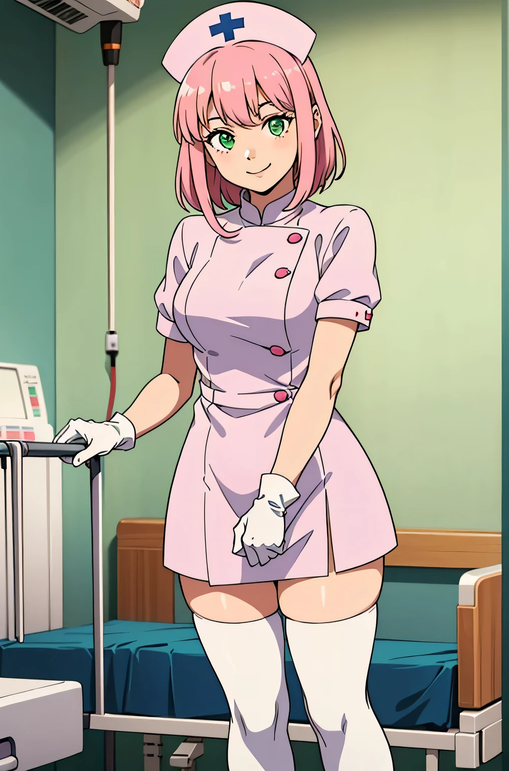 1woman, solo, nurse, white nurse cap, white nurse uniform, ((white legwear, zettai ryouiki)), white gloves, pink hair, green eyes, drooping eyes, pink lips, smile, standing, ((hospital room)), sharp outline, short sleeves, mature female, 32 years old, best quality, masterpiece