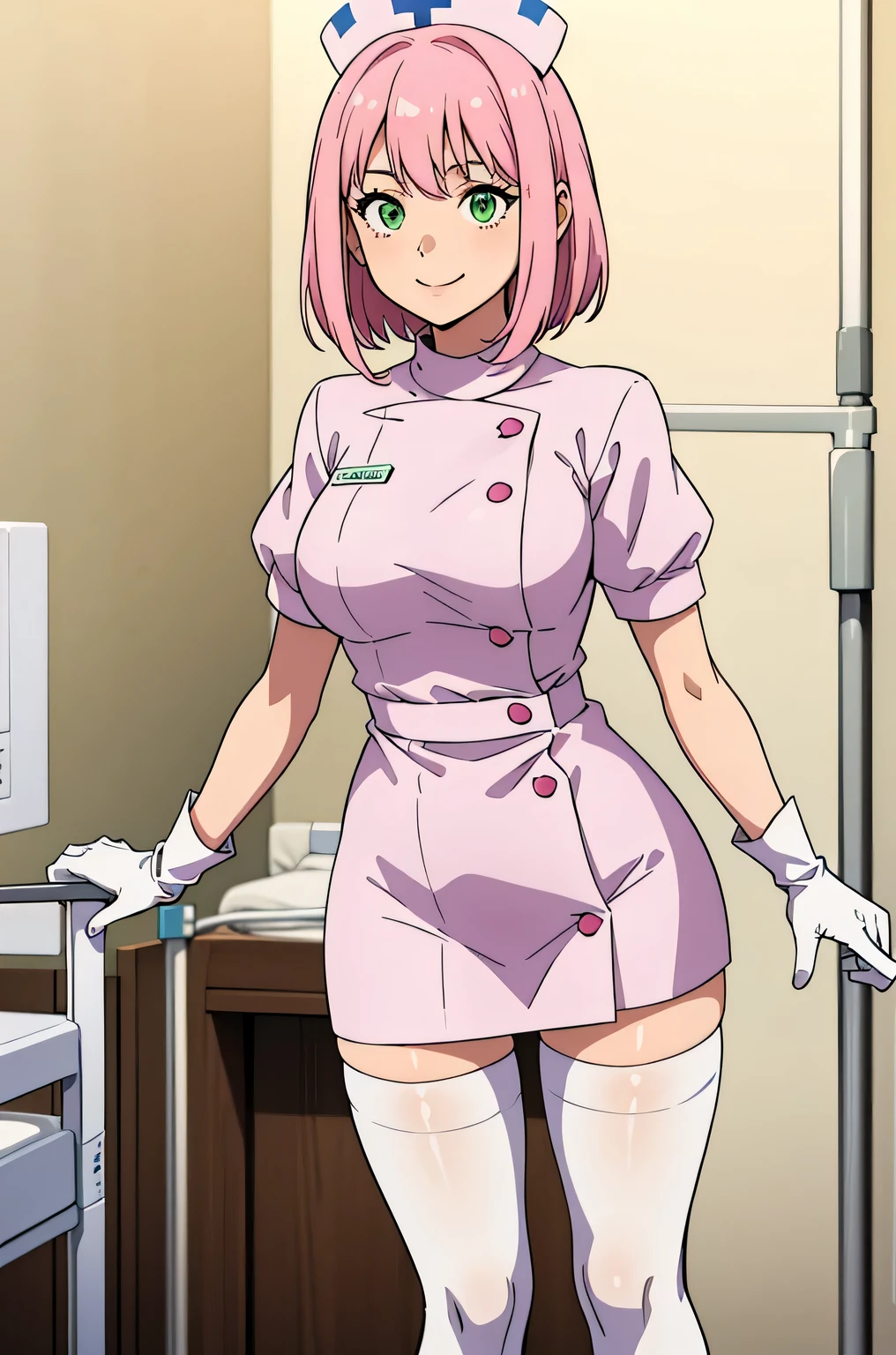 1 girl, alone, nurse, nurse cap, Whiteware, ((white legwear, zettai ryouiki)), white gloves, pink hair, green eyes, droopy eyes, smile, Are standing, ((hospital room)), sharp outline, short sleeve, highest quality, masterpiece