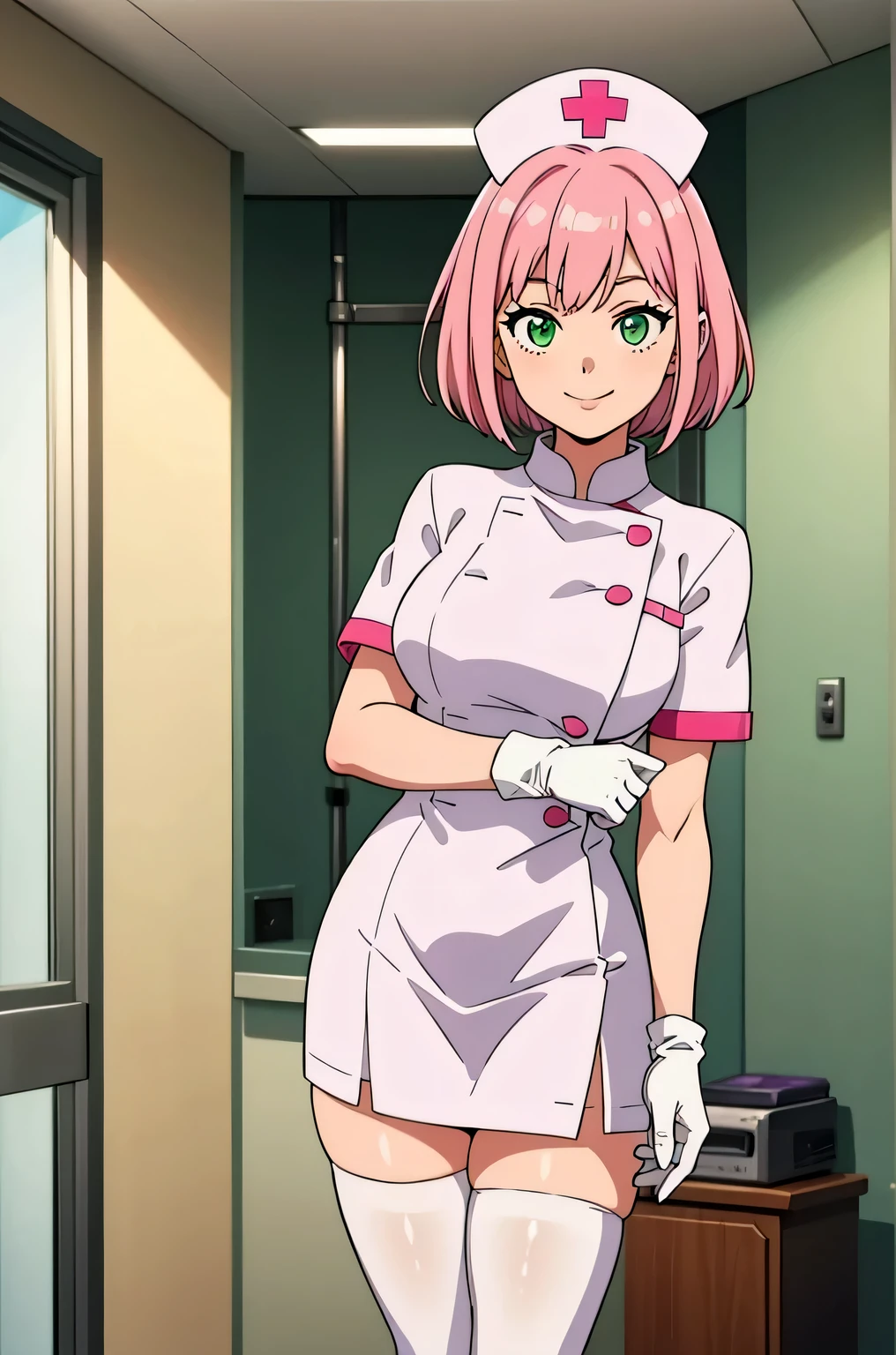 1 girl, alone, nurse, nurse cap, Whiteware, ((white legwear, zettai ryouiki)), white gloves, pink hair, green eyes, droopy eyes, smile, Are standing, ((hospital room)), sharp outline, short sleeve, highest quality, masterpiece