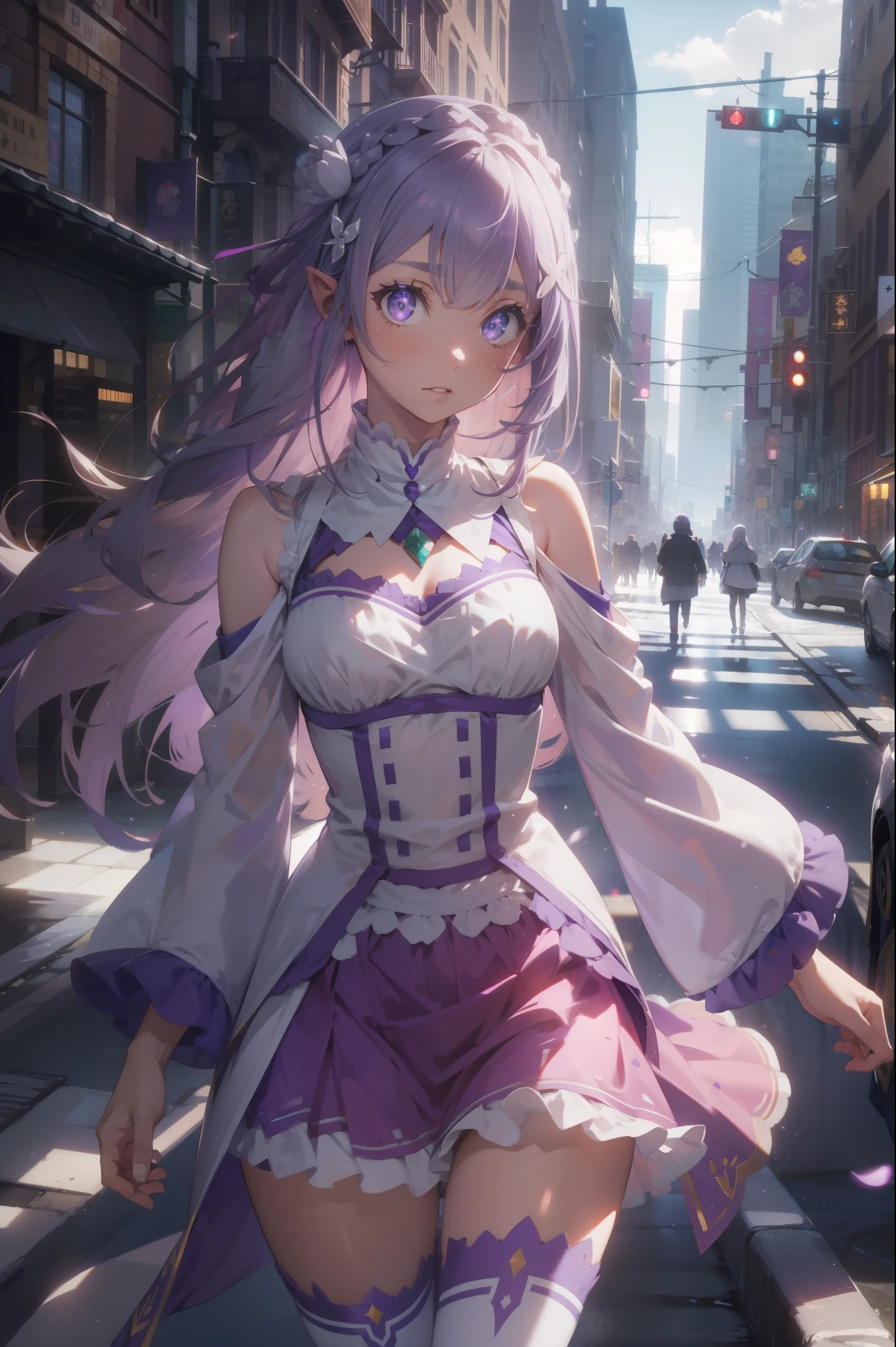 rezeroemilia, emilia, braid, crown braid, flower, hair flower, hair ornament, hair ribbon, long hair, low-tied long hair, (purple eyes:1.2), pointy ears, white flower, x hair ornament,
BREAK bare shoulders, detached collar, dress, long sleeves, low-tied long hair, navel, pink dress, shoulder cutout, thigh gap, wide sleeves,
BREAK outdoors, city,
BREAK looking at viewer, BREAK (masterpiece:1.2), best quality, high resolution, unity 8k wallpaper, (illustration:0.8), (beautiful detailed eyes:1.6), extremely detailed face, perfect lighting, extremely detailed CG, (perfect hands, perfect anatomy),