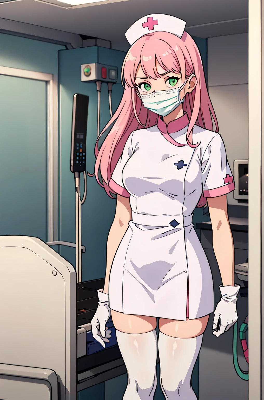 1 girl, alone, nurse, nurse cap, Whiteware, ((white legwear, zettai ryouiki)), white gloves, pink hair, green eyes, droopy eyes, ((white surgical mask, Covered nose)), Are standing, ((hospital room)), sharp outline, short sleeve, highest quality, masterpiece