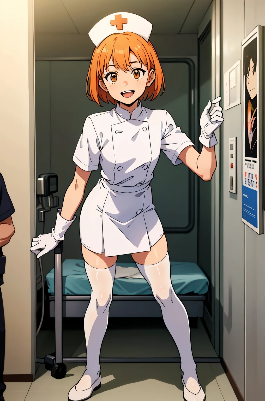 1 boy, alone, male focus, nurse, nurse cap, Whiteware, ((white legwear, zettai ryouiki)), white gloves, short hair, orange hair, smile, open your mouth, Are standing, ((hospital room)), sharp outline, short sleeve, Shota, 12 years old, highest quality, masterpiece