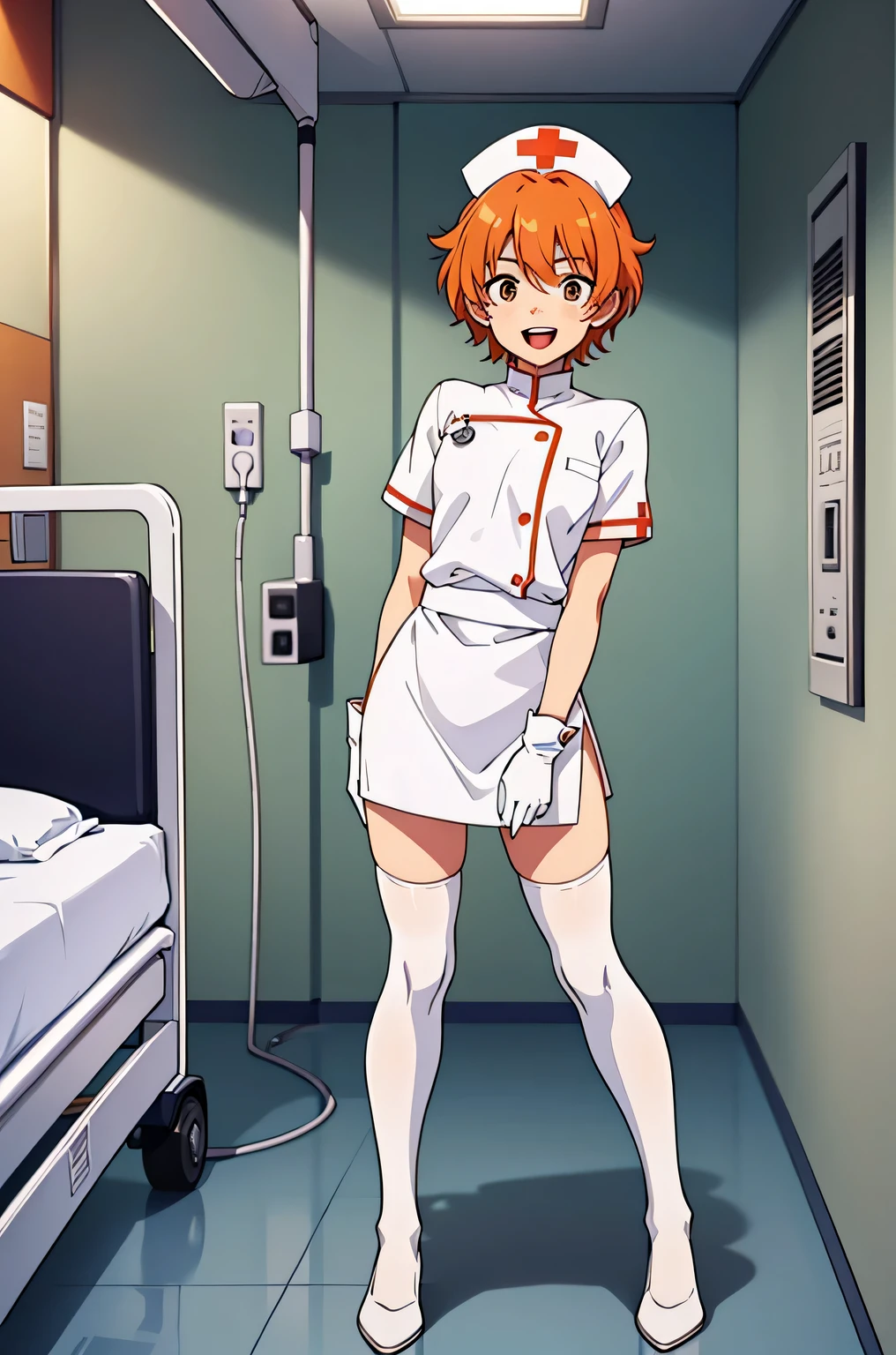 1 boy, alone, male focus, nurse, nurse cap, Whiteware, ((white legwear, zettai ryouiki)), white gloves, short hair, orange hair, smile, open your mouth, Are standing, ((hospital room)), sharp outline, short sleeve, Shota, 12 years old, highest quality, masterpiece