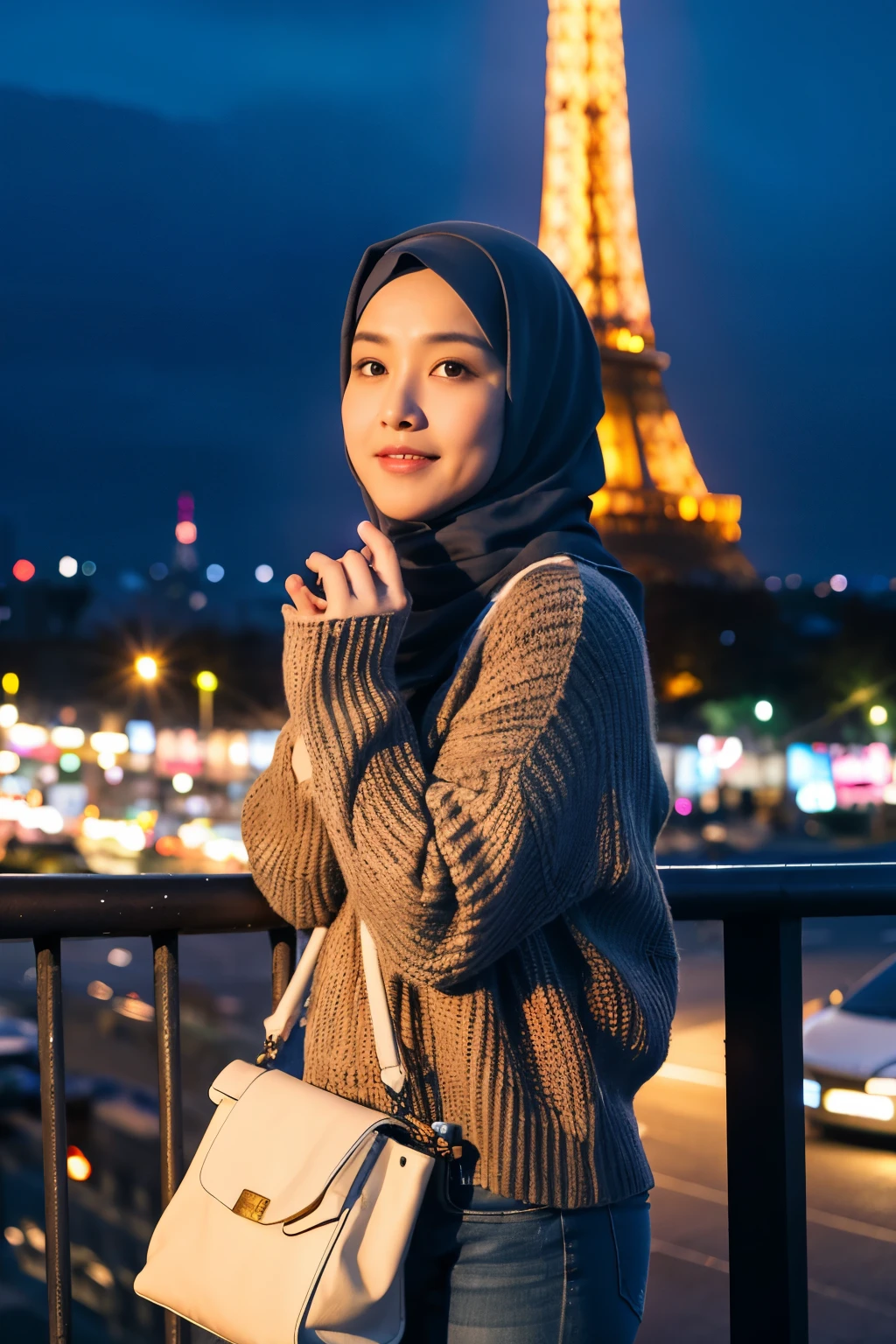 Beautiful indonesia women 30 years old,fat,oval and clean face,ideal body, hijab,purple sweater,jeans,indonesian leter,wearing a gray bag,standing pose,photography standing style front photo,visible face,view of the eiffel tower righbehind her,lights on around the street and city,standing somewhere, on the paris brigade, the atmosphere is approaching sunset,ultra hd,real photo,18 mm lens,very sharp,photography ((best quality)), ((masterpiece)), (detailed), perfect face