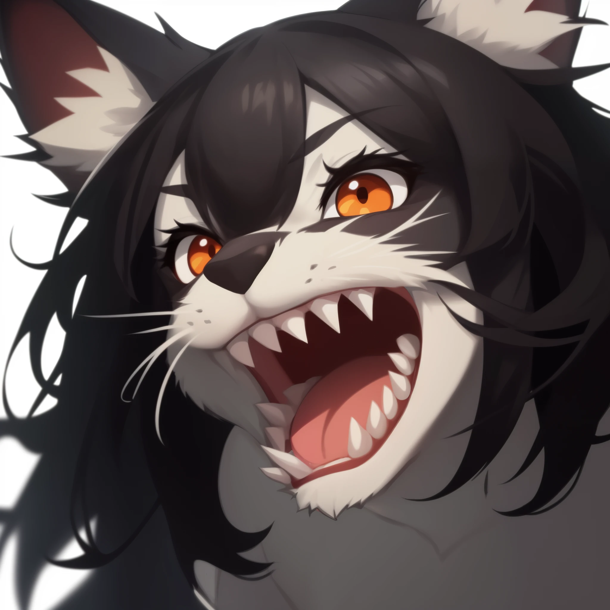 cartoon wolf girl with her mouth open and teeth showing , ((1girl)), (((furry female))), furry, body fur, ((solo)), animal nose, ((all black hair)), (rounded tip sharp teeth), pov, (((face close up))), ((shoot from below)), no background, mawshot