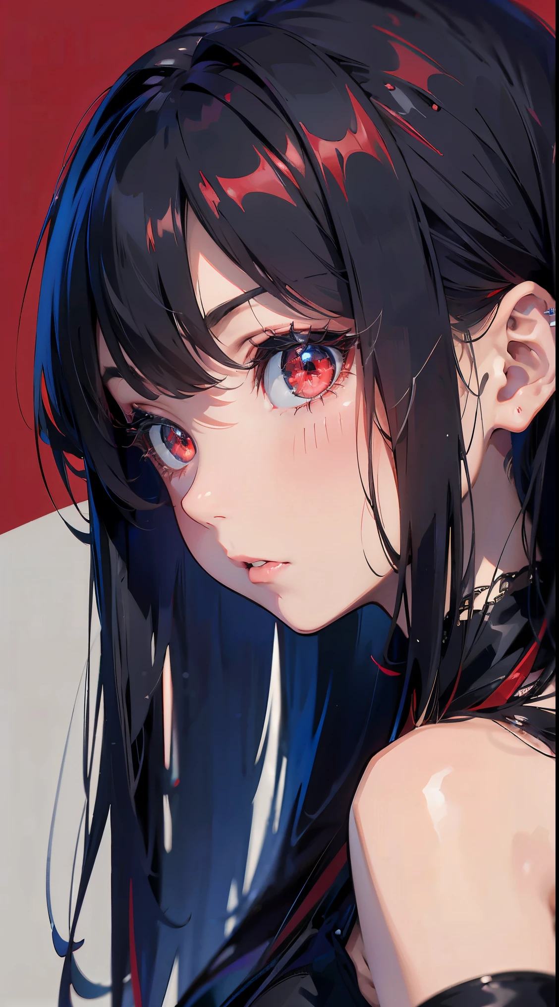 (Best Quality,4K,High resolution), 18yo woman, Red mesh hair on black hair, Shiny long straight hair, Innocence,sharp eye、red eyes、small nose、eye liner、 Luxury Black Silk doll、Lonely face、Shoku、profile、slenderbody、Comical appearance,comic strip,animesque,Deformed cute illustration、Delicately expresses realistic skin texture、Muscle texture reproduction、Knife Art