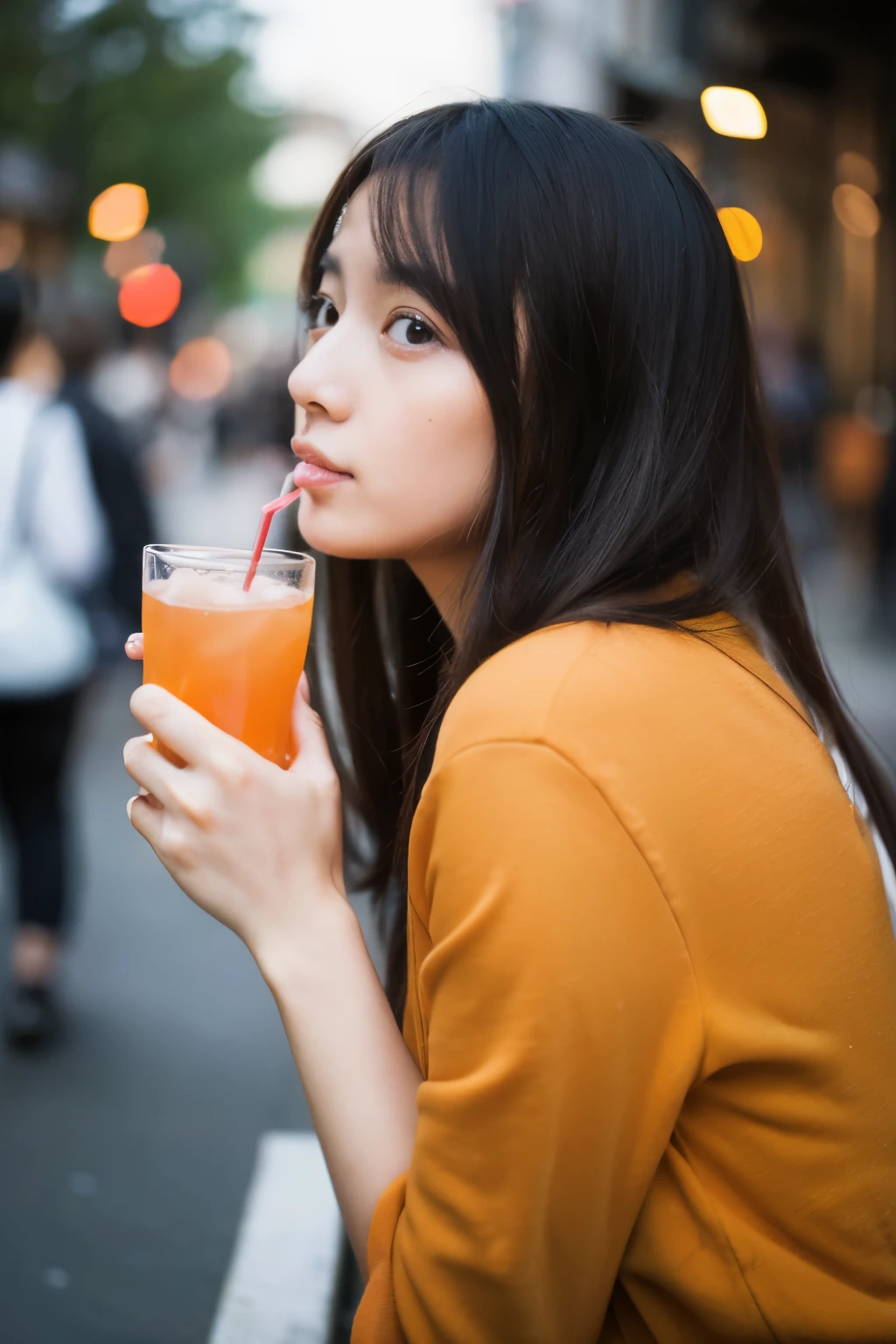 ((best quality)), ((masterpiece)), (detailed), perfect face of japanes girl drinking an orange soda outside the bar looking towards the street with a thoughtful expression, cloudy day, weak light,medium full shot.