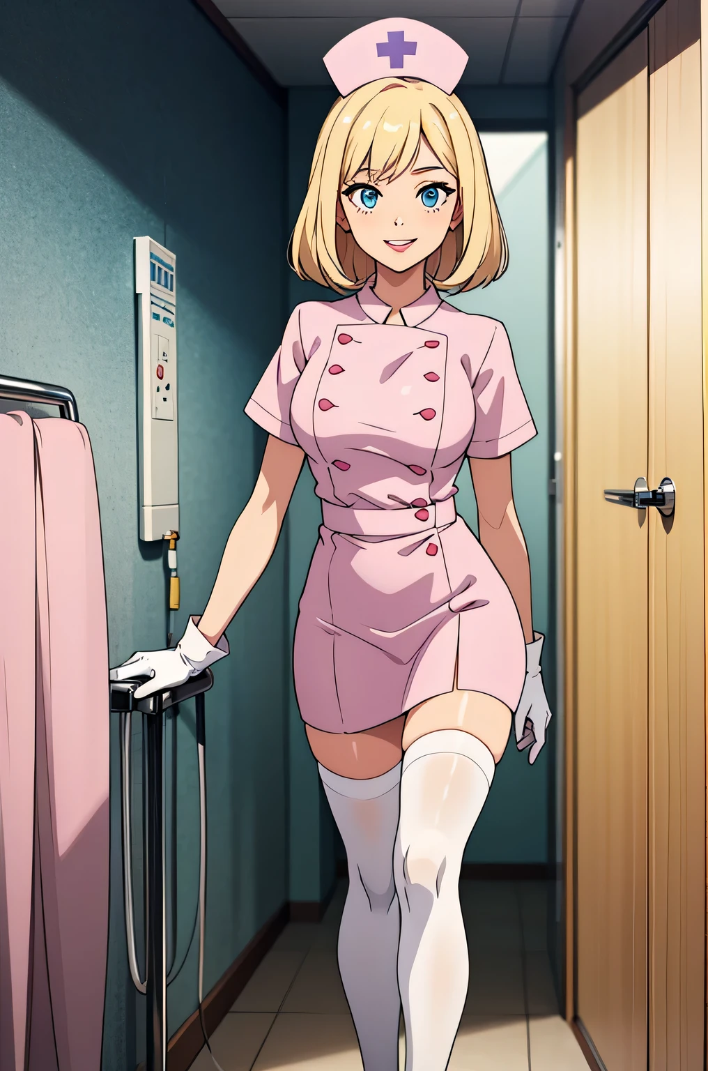 1 female, alone, nurse, nurse cap, Whiteware, ((white legwear, zettai ryouiki)), white gloves, blonde hair, blue eyes, pink lips, smile, Are standing, ((hospital room)), sharp outline, short sleeve, mature woman, 35 years old, highest quality, masterpiece