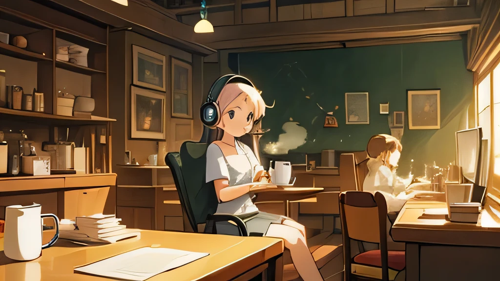 sit down , Computer equipment、 girl sitting、wear headphones、Ghibli style、Cafe-like atmosphere、There is a mug on the table.、Detail view、high quality、Enjoy music、Anime that goes well with jazz、enlightenment,Calm café、rain