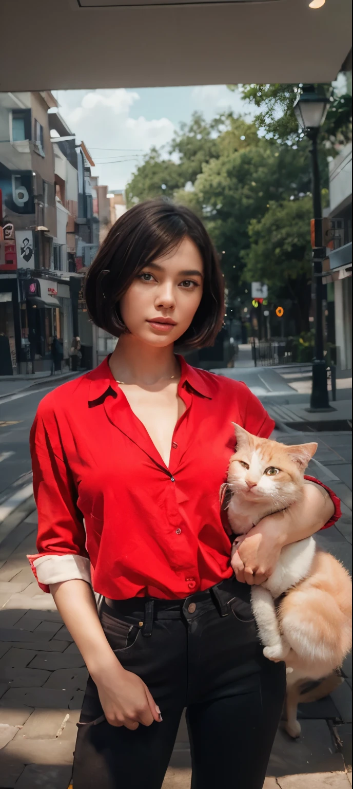 (Best quality, 8k, 32k, Masterpiece, UHD:1.2) "Create a captivating artwork featuring two Japanese girl models with short black hair styled in chic bob haircuts, dressed in red shirts and jeans. Infuse the scene with a romantic aesthetic, using soft and warm colors to evoke a dreamy and enchanting atmosphere. Implement dynamic-cinematic lighting to add depth and drama, casting gentle shadows and highlights. Capture the models standing together, holding a cat, creating a heartwarming and affectionate moment. Ensure that their expressions convey a sense of shared joy and connection. Emphasize the bond between the models and the feline companion, blending fashion, romance, and the charm of dynamic lighting to create a visually stunning and emotionally resonant piece." (perfect eyes), flawless skin, flawless face, cinematic, tight body, ((well-proportion female hands)), ((female hands with five digits)) ((Body is well proportioned)), ((chic bob haircut))