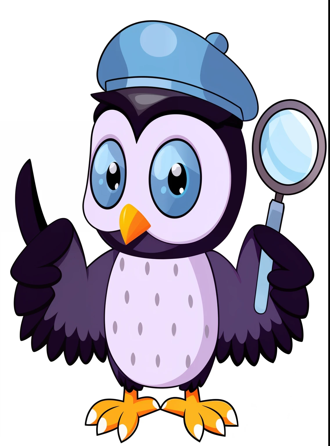 cartoon penguin with magnifying glass and hat holding magnifying glass, cute owl, clipart, hd illustration, smart, created in adobe illustrator, owl, magnifying glass, mystery and detective themed, an owl, owl wizard, looking for clues, detective, with a cute fluffy owl, very very small owl, mascot illustration, is looking at a bird