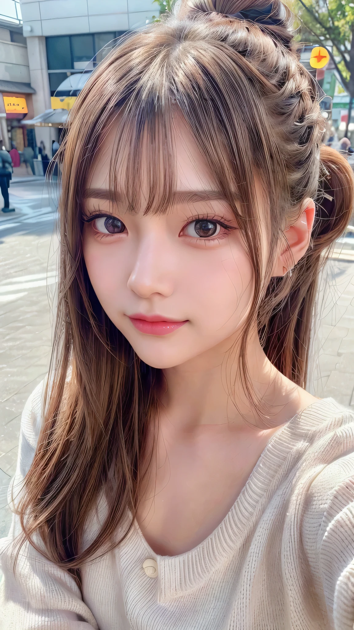 blush,,small breasts,winter,long hair ponytail,winter,wearing a white long-sleeved knit sweater,wearing jeans,enjoying the date,amusement park,close up of face,((8K, Raw photo, best quality, muste piece:1.2), (Reality, photorealistic:1.4), (Highly detailed 8K wallpaper), Depth of bounds written, cinematic lighting, soft light, detailed beauty eye,Shiny and smooth light brown ponytail, asymmetrical bangs, shiny skin, super detailed skin ,high resolution, high detail, detailed hairstyle, detailed beauty face, hyper real, perfect limbs, perfect anatomy ,1 Japanese girl,famous japanese idol, perfect female body,shy smile,short eyelashes,double-edged eyelids,look straight here,Hair style is ponytail,