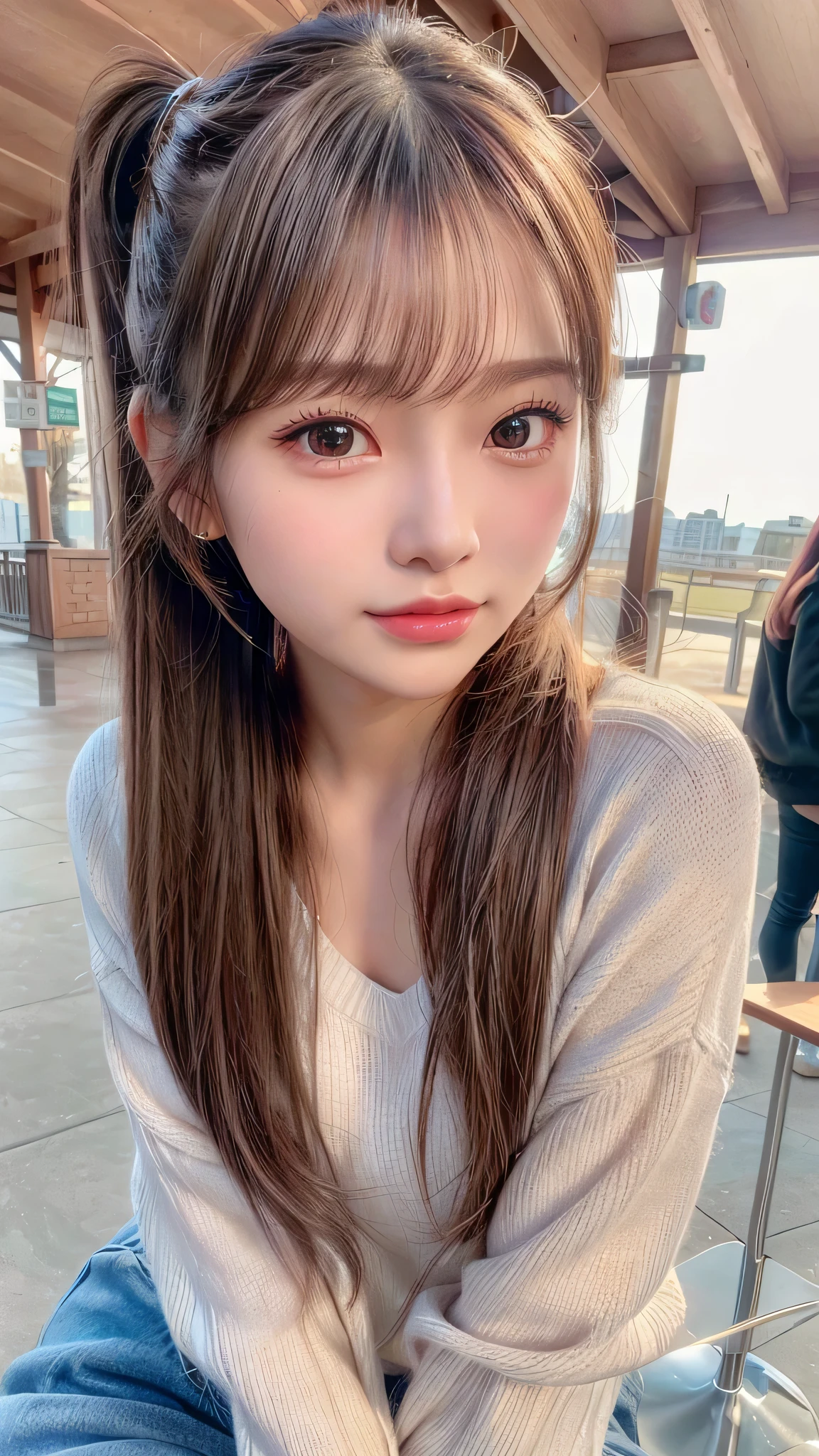 blush,14 years old,small breasts,winter,long hair ponytail,winter,wearing a white long-sleeved knit sweater,wearing jeans,enjoying the date,amusement park,close up of face,((8K, Raw photo, best quality, muste piece:1.2), (Reality, photorealistic:1.4), (Highly detailed 8K wallpaper), Depth of bounds written, cinematic lighting, soft light, detailed beauty eye,Shiny and smooth light brown ponytail, asymmetrical bangs, shiny skin, super detailed skin ,high resolution, high detail, detailed hairstyle, detailed beauty face, hyper real, perfect limbs, perfect anatomy ,1 Japanese girl,famous japanese idol, perfect female body,shy smile,short eyelashes,double-edged eyelids,look straight here,Hair style is ponytail,