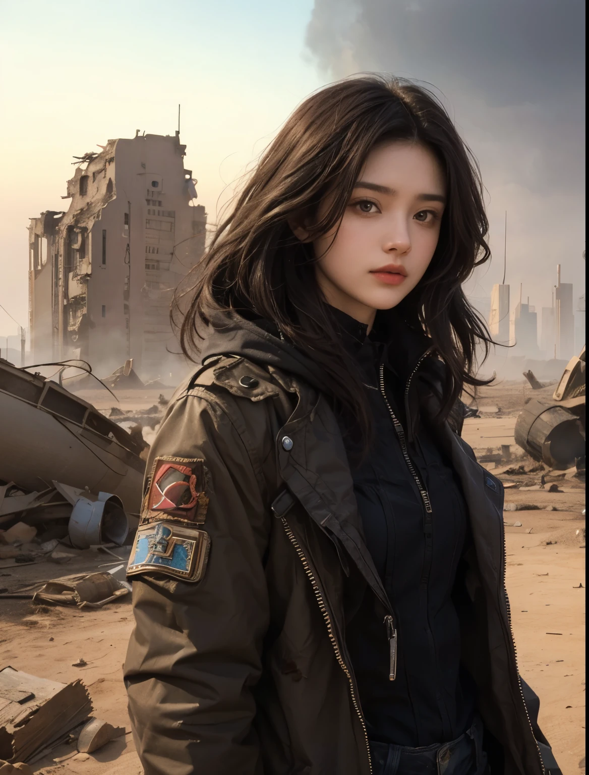 A beautiful woman. Twenty years old. dark brown hair. She is looking at the camera with a serious expression. She stands in a ruined Martian city.