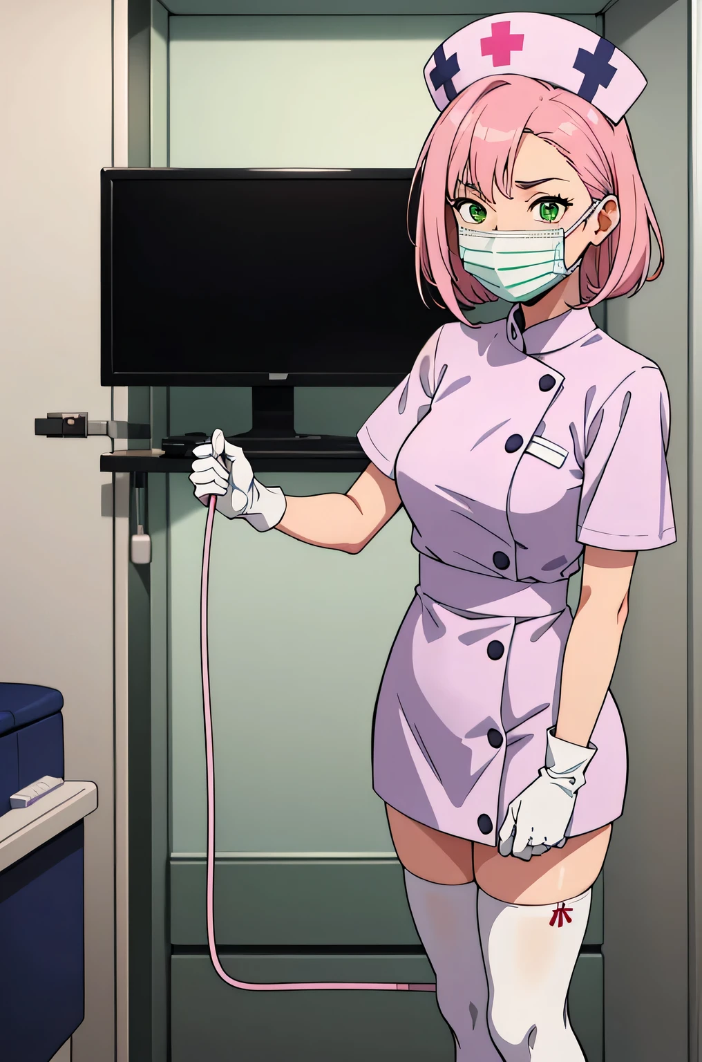 1 girl, alone, nurse, nurse cap, Whiteware, ((white legwear, zettai ryouiki)), white gloves, pink hair, green eyes, droopy eyes, ((white surgical mask, Covered nose)), Are standing, ((hospital room)), sharp outline, short sleeve, highest quality, masterpiece