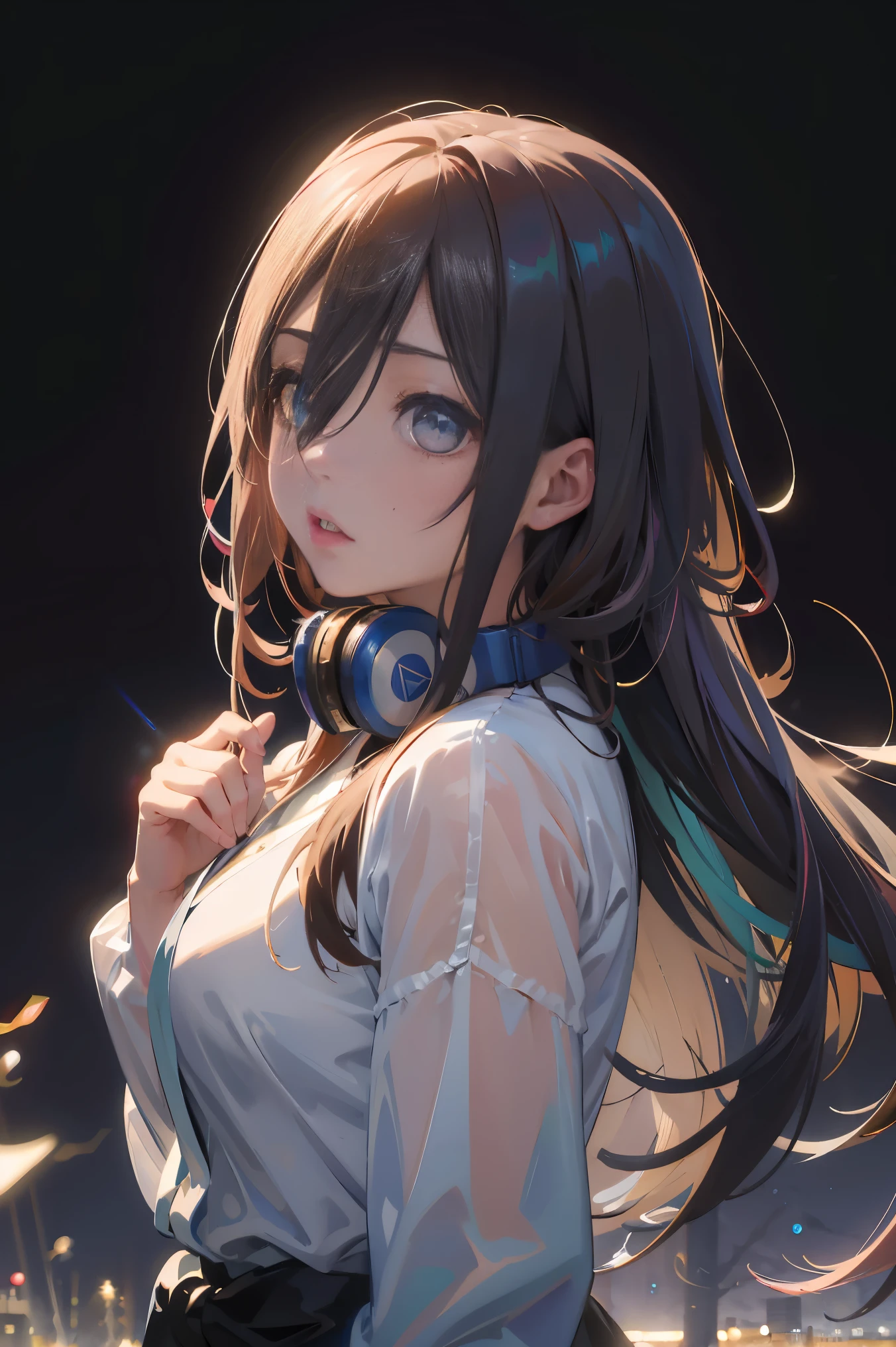 Official art, Unity 8k Wallpapers, ultra-detailliert, Beautifully Aesthetic, ​masterpiece, top-quality, realisitic, a closeup, Skindentation, interface, A detailed eye, A detailed face, detailed hairs, black backgrounds, straight-on, looking at the viewers, The sheen, Anime, looking at viewer with a cigarette in her mouth, highly detailed with reflections transparent iridescent opaque jacket, Long transparent iridescent RGB hair, 1girl in, Solo, fronds, Long hair, Blurry, Shirt,  Parted lips, Outdoors, Floating hair, Long sleeves, White shirt, Bangs, Upper body, Open mouth, tusk, Brown eyes, Wind, Winters，Yuki，snowscape，Blurry background, day, depth of fields, bug,The Bride of Fifths，Miku Nakano，Blue headset around the neck，Sparkling eyes，Eyes like a galaxy，バレンタインチョコを持っている