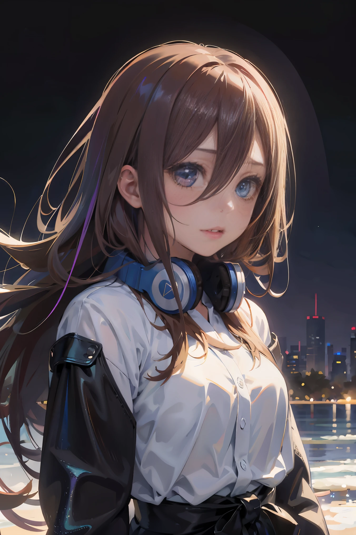 Official art, Unity 8k Wallpapers, ultra-detailliert, Beautifully Aesthetic, masterpiece, top-quality, realisitic, a closeup, Skindentation, interface, A detailed eye, A detailed face, detailed hairs, black backgrounds, straight-on, looking at the viewers, The sheen, Anime, looking at viewer with a cigarette in her mouth, highly detailed with reflections transparent iridescent opaque jacket, Long transparent iridescent RGB hair, 1girl in, Solo, fronds, Long hair, Blurry, Shirt, Parted lips, Outdoors, Floating hair, Long sleeves, White shirt, Bangs, Upper body, Open mouth, tusk, Brown eyes, Wind, Winters,Yuki,snowscape,Blurry background, day, depth of fields, bug,The Bride of Fifths,Miku Nakano,Blue headset around the neck,Sparkling eyes,Eyes like a galaxy,バレンタインチョコを持っている