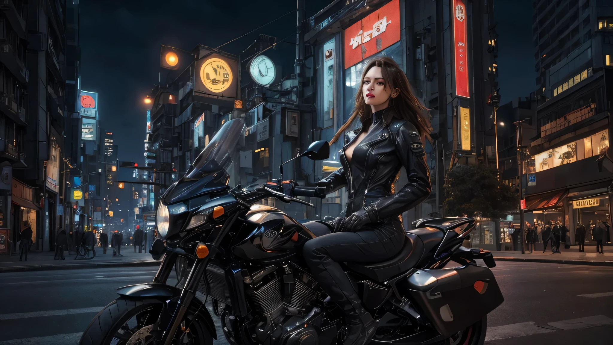 ( Masterpiece, Hyperrealistic, details, Ultra HD, 8K , High resolution, photorealistic, )RAW Photo of Cyberpunk Girl, cyberpunk style, photorealistic, (Masterpiece:1.3) (best quality:1.2) (high quality:1.1), motorbike, cityscapes, night light, night, (( detail face )), ( realistic ),