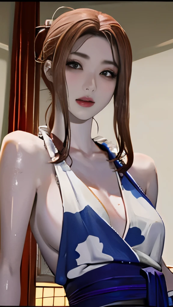 (masutepiece), Top quality ultra-detailed CG art, Dignified and beautiful women's yukata, White marriage, Beautiful facial features, Vivid eyes, Sexy atmosphere, Scene with hair swaying。(Shots focused on a small area), A body shape that remains young, Beautiful brown hair in bob, Kneeling posture, An expression that makes you feel a commotion in your chest, night landscape、Atmosphere like a Showa idol、Fluffy beds、(超巨乳、長い乳、垂れ乳)、(((睨む、怒る、怒り顔、和室、障子紙の部屋、密室)))、((sweat,steam, 迸る汗、オイル肌,キラキラ肌、リアルな肌の質感、詳細な美しい肌、テカる肌、光沢のある肌))、ahegao:1.5