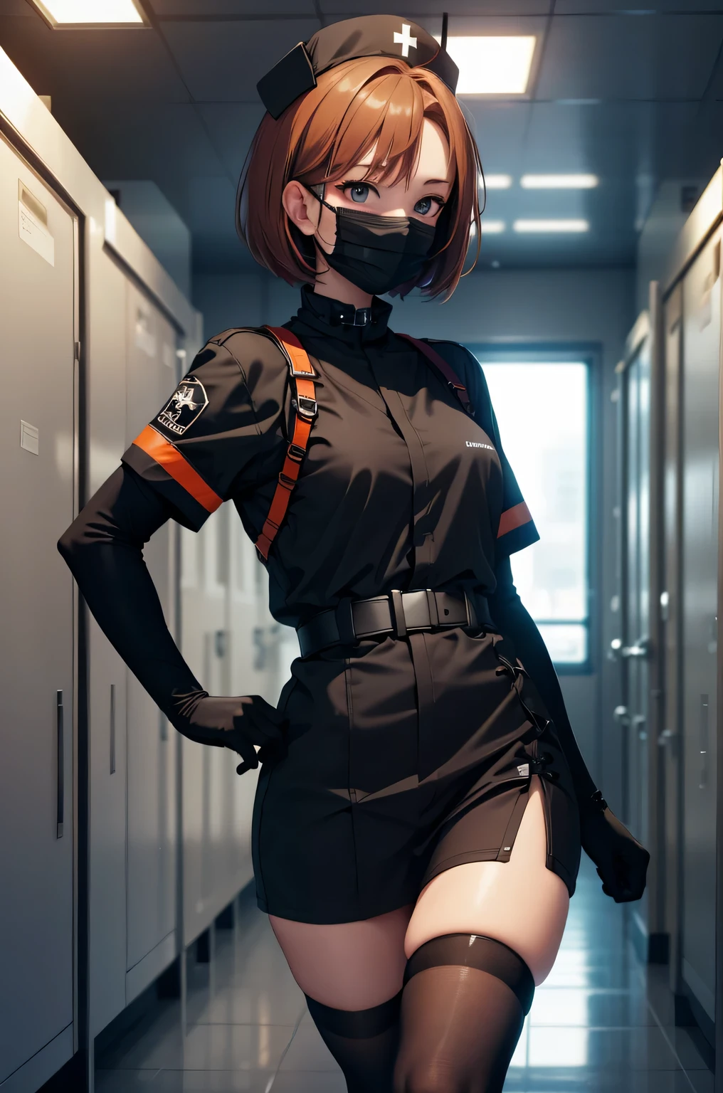 black nurse, 1 girl, alone, black nurse cap, Black Wear, ((black legwear, zettai ryouiki)), black elbow gloves, very short hair, orange hair, ((Black surgical mask, Covered nose)), Are standing, ((operating room)), sharp outline, short sleeve, Tomboy, boyish, highest quality, masterpiece