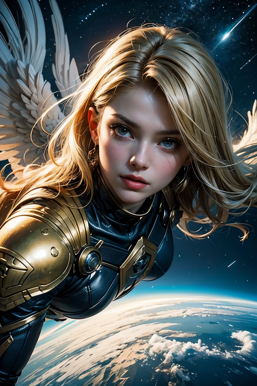 ((power energy boom)), (best quality), ((ultra realistic)), ((detailed face)), (masterpiece), (perfect angel dagger), ((high-angle)), angel of doom flying over the blue-green earth, very big majestic wings, angel holding glowing a golden warrior dagger, blonde hair, harsh descent towards the planet from outer space, glow with power, gleaming golden armor glinting in the starlight, planet swirling with blues and greens under a hazy atmosphere, powerful, perspective , epic dark fantasy artwork, dynamic motion, 32k UHD, hyper-realistic, glowing, precisionist lines, cinematic, ultra details