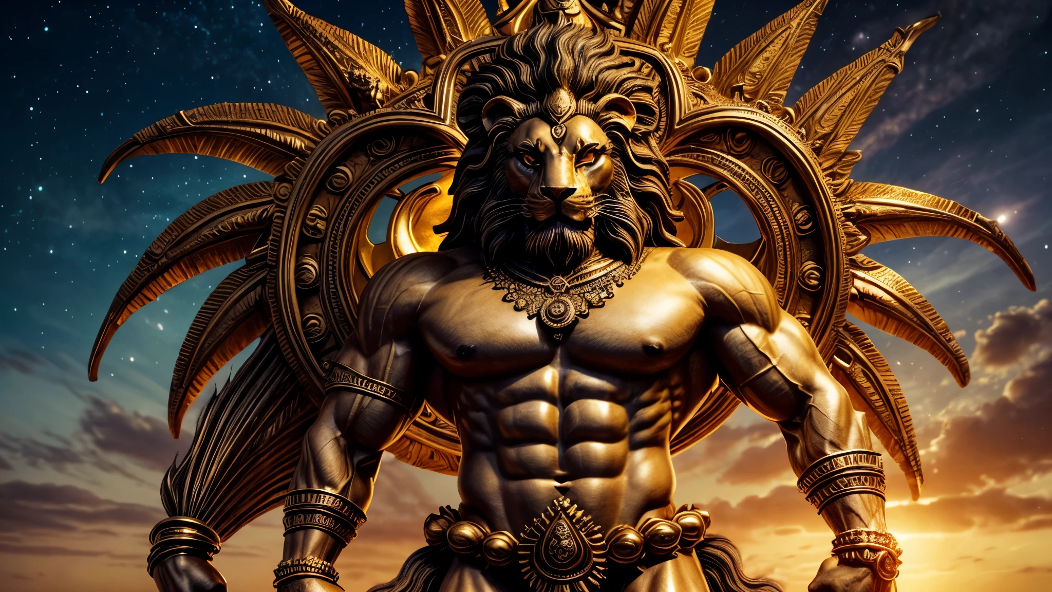 Imagine Narasimha, the lion-headed avatar of the Hindu god Vishnu, as a powerful and awe-inspiring deity embodying both human and animal forms. Narasimha's face is fierce and majestic, with piercing eyes that exude wisdom and strength. His lion-like mane cascades down his back, blending seamlessly with his divine aura. His muscular humanoid body is adorned with ornate jewelry and symbols of divine power, while his lion's claws and teeth are fearsome and sharp. Narasimha's posture exudes confidence and authority, as he stands tall amidst celestial clouds and radiant light, symbolizing his role as a protector and defender of righteousness