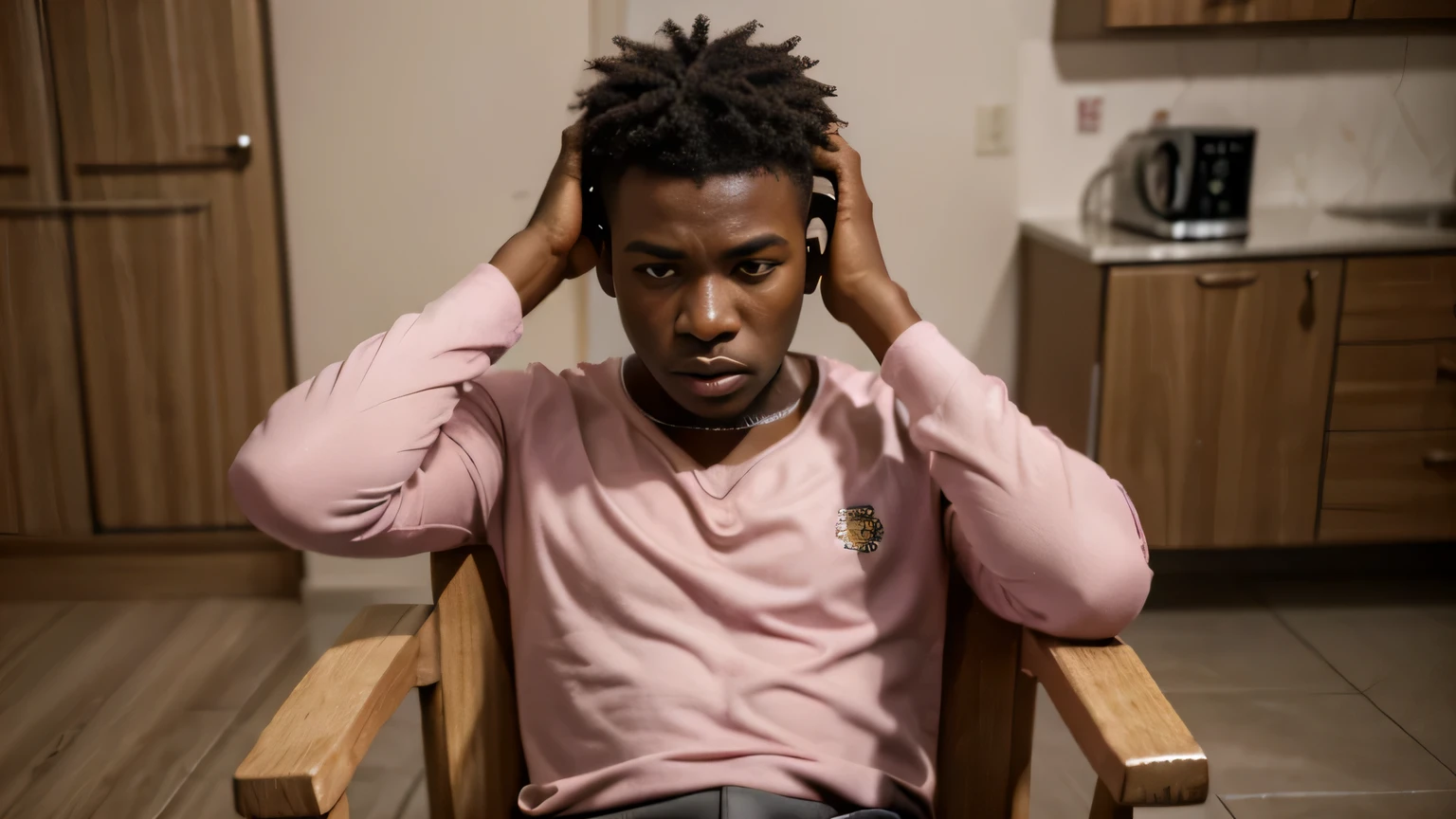 craft a hyper-realistic 8k three-quarter view image showing a young african man dressed in pink top, sitting on a chair and holding his head in anger. He is looks depressed and very angry, in a lightly furnished house in an african mega city.