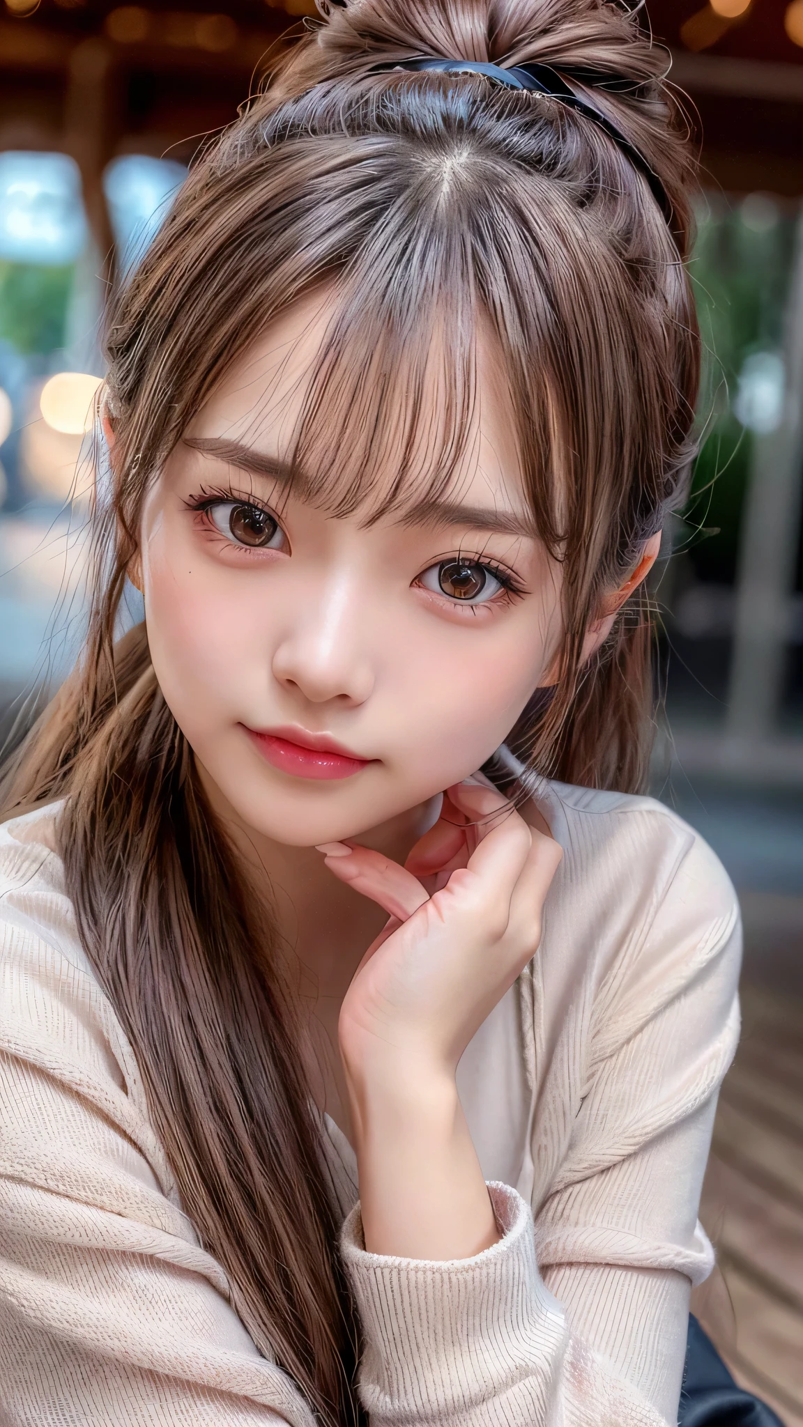 blush,14 years old,small breasts,winter,long hair ponytail,winter,wearing a white long-sleeved knit sweater,wearing jeans,enjoying the date,amusement park,close up of face,((8K, Raw photo, best quality, muste piece:1.2), (Reality, photorealistic:1.4), (Highly detailed 8K wallpaper), Depth of bounds written, cinematic lighting, soft light, detailed beauty eye,Shiny and smooth light brown ponytail, asymmetrical bangs, shiny skin, super detailed skin ,high resolution, high detail, detailed hairstyle, detailed beauty face, hyper real, perfect limbs, perfect ??????? ,1 Japanese girl,famous japanese idol, perfect female body,shy smile,short eyelashes,double-edged eyelids,look straight here,Hair style is ponytail,