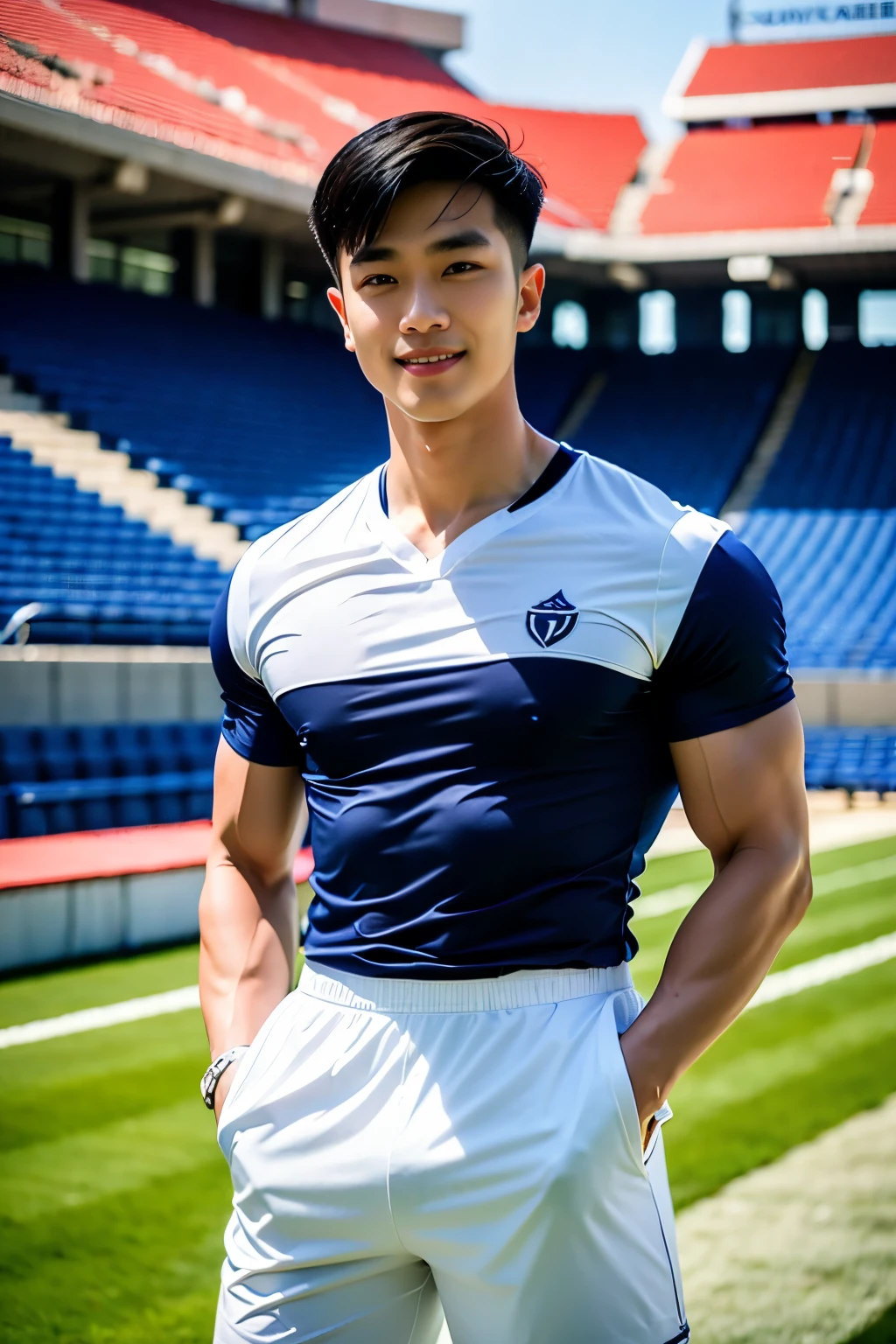 1 man, smile, (Wearing a white and navy blue, round neck, short sleeve football shirt.), Navy Cargo Pants, Young Korean , Korean Men, (High shadow detail), Pectoral muscles, Big arm muscles, blood vessel, Big muscles, Wide shoulders, looking at the audience, balance eyes, (eye contact), stadium, football