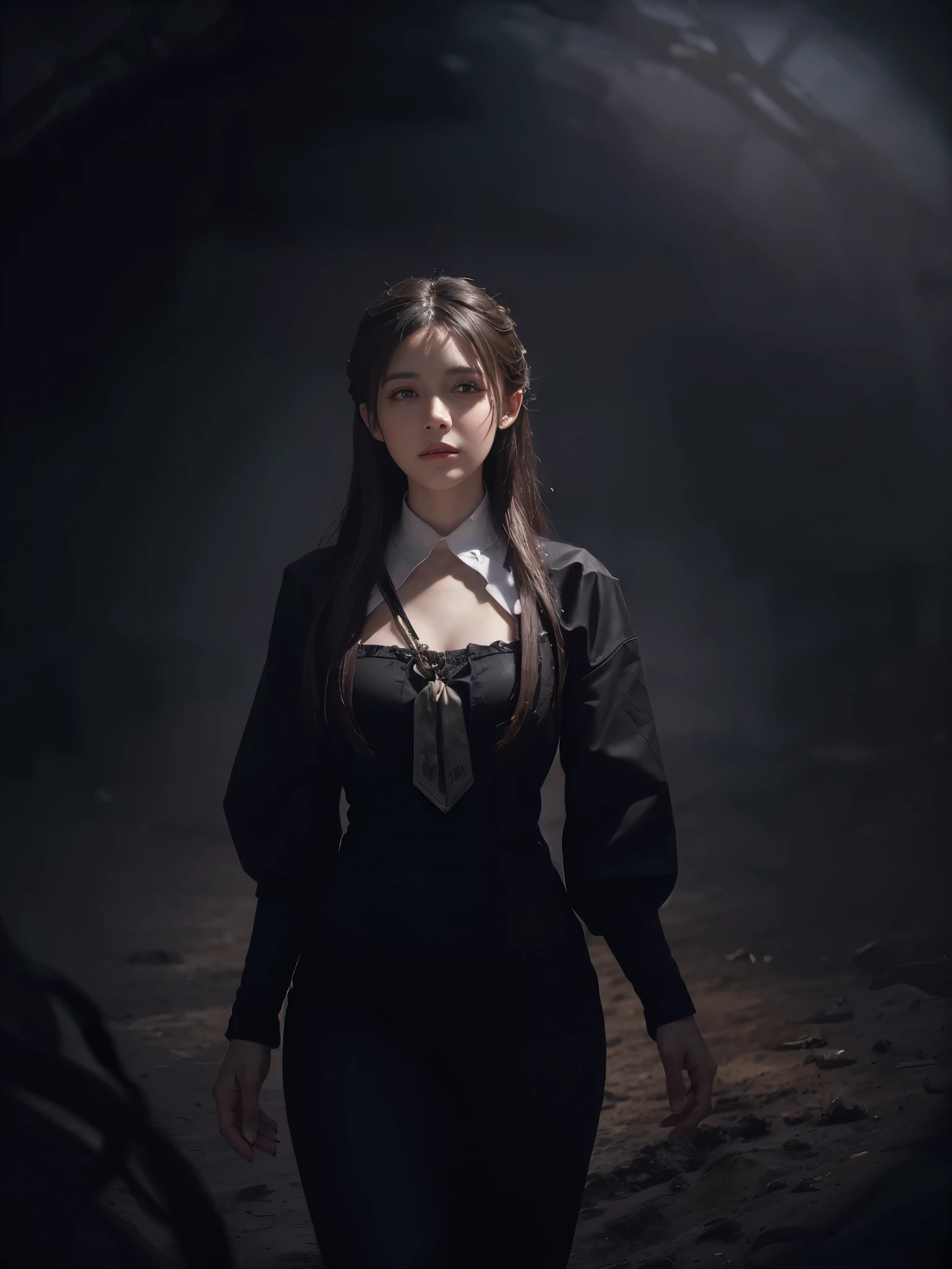 (front focus), (in the darkness:1.6), Surrealistic Female Portraits by David Hockney and Alphonse Mucha, fantasy art, Photorealistic, dynamic lighting, art station, poster, Volumetric lighting, Very detailed faces, 4K, Award-winning, 1 girl, in the darkness, deep shadow, low profile, cowboy shooting, (official clothing:1.4), long hair, white hair