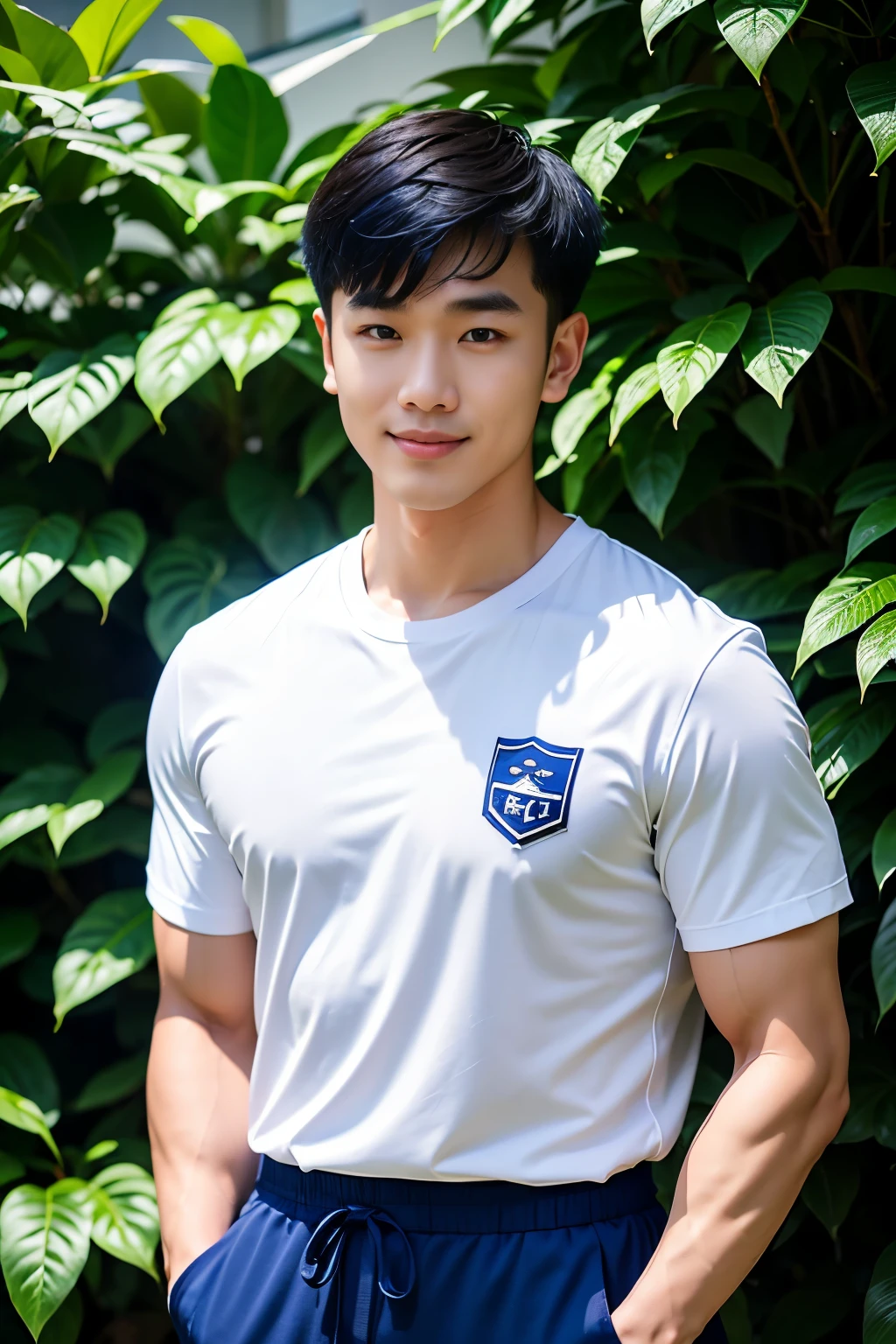 1 man, smile, (Wearing a white and navy blue, round neck, short sleeve football shirt.), Navy Cargo Pants, Young Korean , Korean Men, (High shadow detail), Pectoral muscles, Big arm muscles, blood vessel, Big muscles, Wide shoulders, looking at the audience, balance eyes, (eye contact), stadium, football