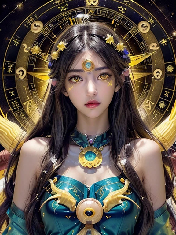 (((close))), girl, 1 zodiac goddess from the future, 12 zodiac goddess pink purple, 12 zodiac goddess face sexy thin yellow nightgown, (トップresponse:1.6), long thin nightgown 12 zodiac many limbs sexy black lace detail, mythical goddess of the 12 zodiacs from the future, zodiac ♏, luxurious glittering zodiac style, dark and mysterious version, zodiac crown, lipstick red lips, thin and pretty lips, don't smile, please keep your mouth shut, Character created by Karol Bak and Pino Daeni, intricate details, detailed background, very detailed, magic of light, woman, clean face, looking at the Upper body of the goddess of the zodiac, round chest, big and round chest, phoenix hair brooch, long hair with bangs, beautiful detailed face and well-proportioned eyes, (clear yellow eyes: 1.8), Big round eyes and very beautiful and detailed makeup, visionary, long silk nightgown, mysterious makeup, ブresponseレット, side bangs and dye pale yellow, Upper body, (zodiac goddess Upper body: 1.8), hanging arms, リアルで鮮やかなphotograph, (stars that make up the zodiac: 1.7), ( sky zodiac and fictitious space and time portal: 1.8), fiction art, RAWphotograph, ハンフーphotograph, 最高のphotograph , expensive_response, highest quality, 最高のphotograph, 8K quality, 8K ultra , surrealism, 最も経済的な実際のphotograph, artistic portrait of 12 zodiac signs, 1 symbol of 12 zodiac signs behind, single portrait of 12 zodiac goddess, Most realistic color scheme, 最高のphotograph color, masterpiece, hair ornaments, ネックresponse, jewelry, beautiful face, Upper body, Tyndall effect, photographのようにリアルな, dark studio, border light, two tone light, (fine skin) expensive: 1.2), 8K uhd, Digital single-lens reflex camera, soft light, expensive quality, volume light, Frank, photograph, expensive responseolution, 4K quality, 8K, Bokeh, smooth and sharp, pixel up 10 times, Charming zodiac goddess, sexy zodiac goddess, (background space: 1.8), (Milky Way: 1.7), aurora, lightning, (auroraの背景: 1.8) <roller:locon_perfect eyes_v1_from_v1_, beautiful goddess and flowers,