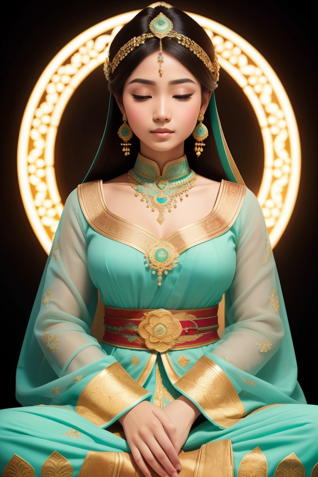 A beautiful Eastern woman sits in lotus position, dressed in vibrant and intricately detailed traditional attire. Her silhouette is gracefully defined, embodying the soft features of Eastern beauty. Eyes gently closed in deep meditation, with a soft halo of gold or white radiating behind her head, suggesting divinity and peace. The image is of lifelike quality, with vivid colors and rich details that pop against a simple, elegant backdrop of light green or blue. The soft folds of her clothing are visible, and her skin is smooth and flawless, with each pore and texture finely rendered. The image is captured with a Canon EOS R5, using a 100mm