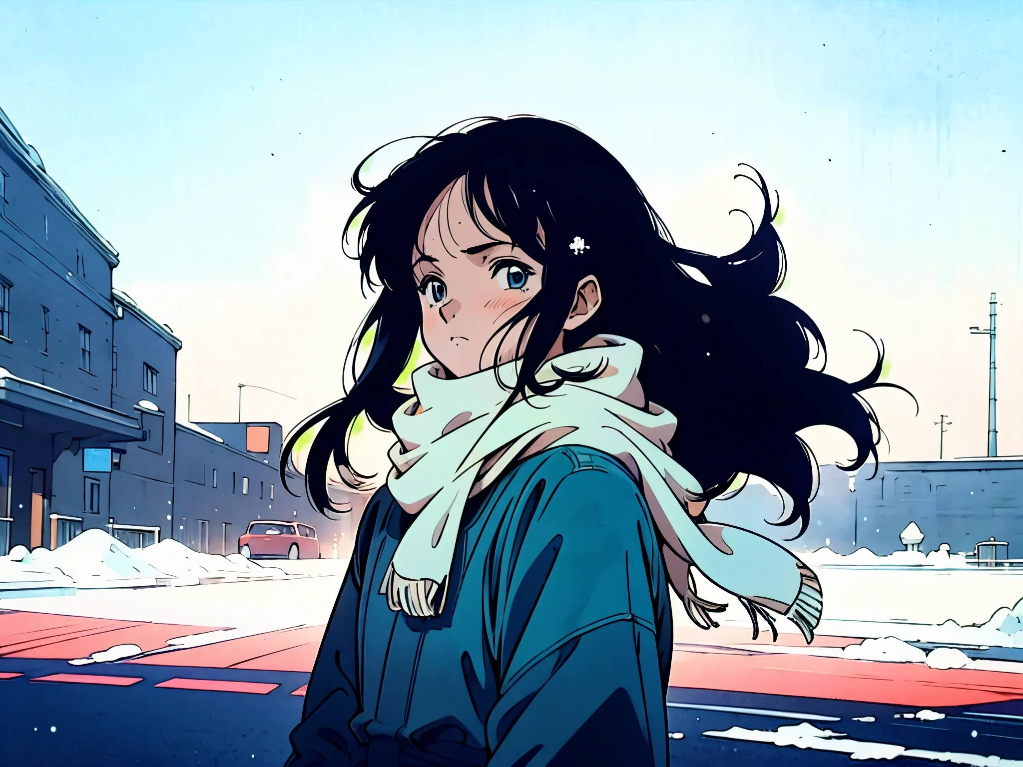 (best quality,Super precise depiction,one girl,perfect anime illustration),girl walking on the street,blue sky,winter city,anime style,azure color,soft sunlight,strong shadows,detailed background,flowing hair,scarf,sad expression,clean lines,crisp details,high resolution,impeccable shading,realistic lighting effect,sparkling snowflakes,frosty breath,icy sidewalks,cozy atmosphere