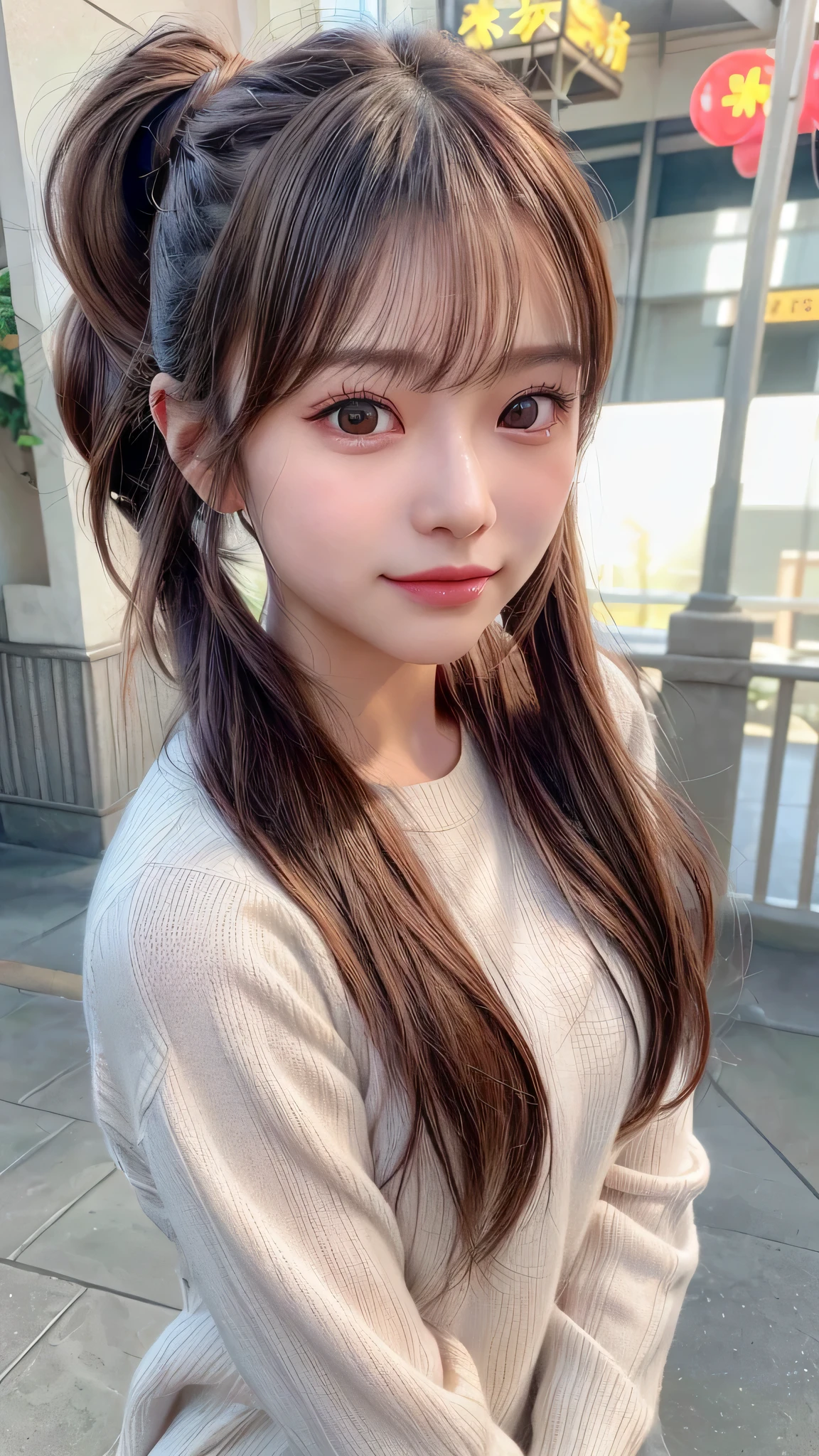 blush,,small breasts,winter,long hair ponytail,winter,wearing a white long-sleeved knit sweater,wearing jeans,enjoying the date,amusement park,close up of face,((8K, Raw photo, best quality, muste piece:1.2), (Reality, photorealistic:1.4), (Highly detailed 8K wallpaper), Depth of bounds written, cinematic lighting, soft light, detailed beauty eye,Shiny and smooth light brown ponytail, asymmetrical bangs, shiny skin, super detailed skin ,high resolution, high detail, detailed hairstyle, detailed beauty face, hyper real, perfect limbs, perfect anatomy ,1 Japanese girl,famous japanese idol, perfect female body,shy smile,short eyelashes,double-edged eyelids,look straight here,Hair style is ponytail,