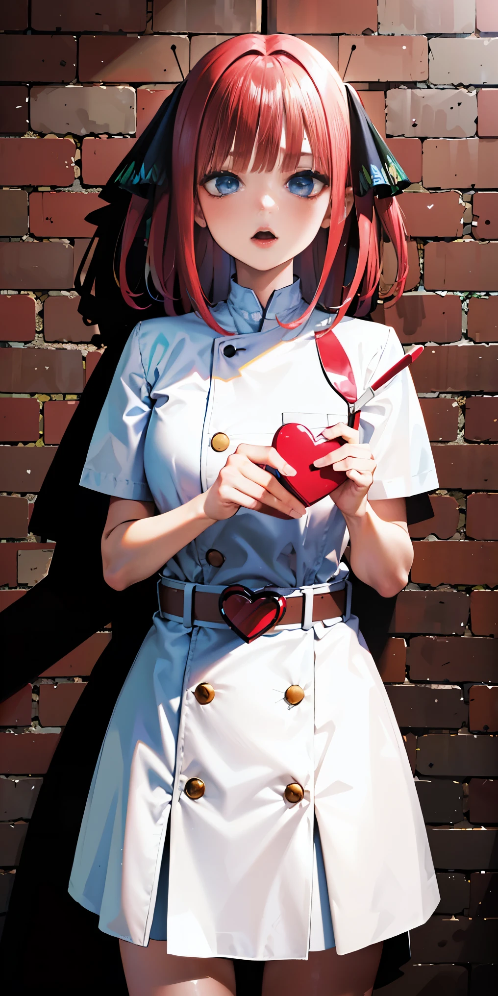 none with red and white dress, red hair, 16 years old girl, spatula in hand, Best Quality, Ultra High Resolution, high detailed skin, heart, hair accessories, belt
