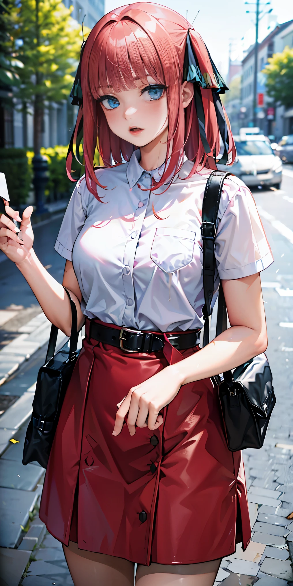 none with red and white dress, red hair, 16 years old girl, spatula in hand, Best Quality, Ultra High Resolution, high detailed skin, heart, hair accessories, belt