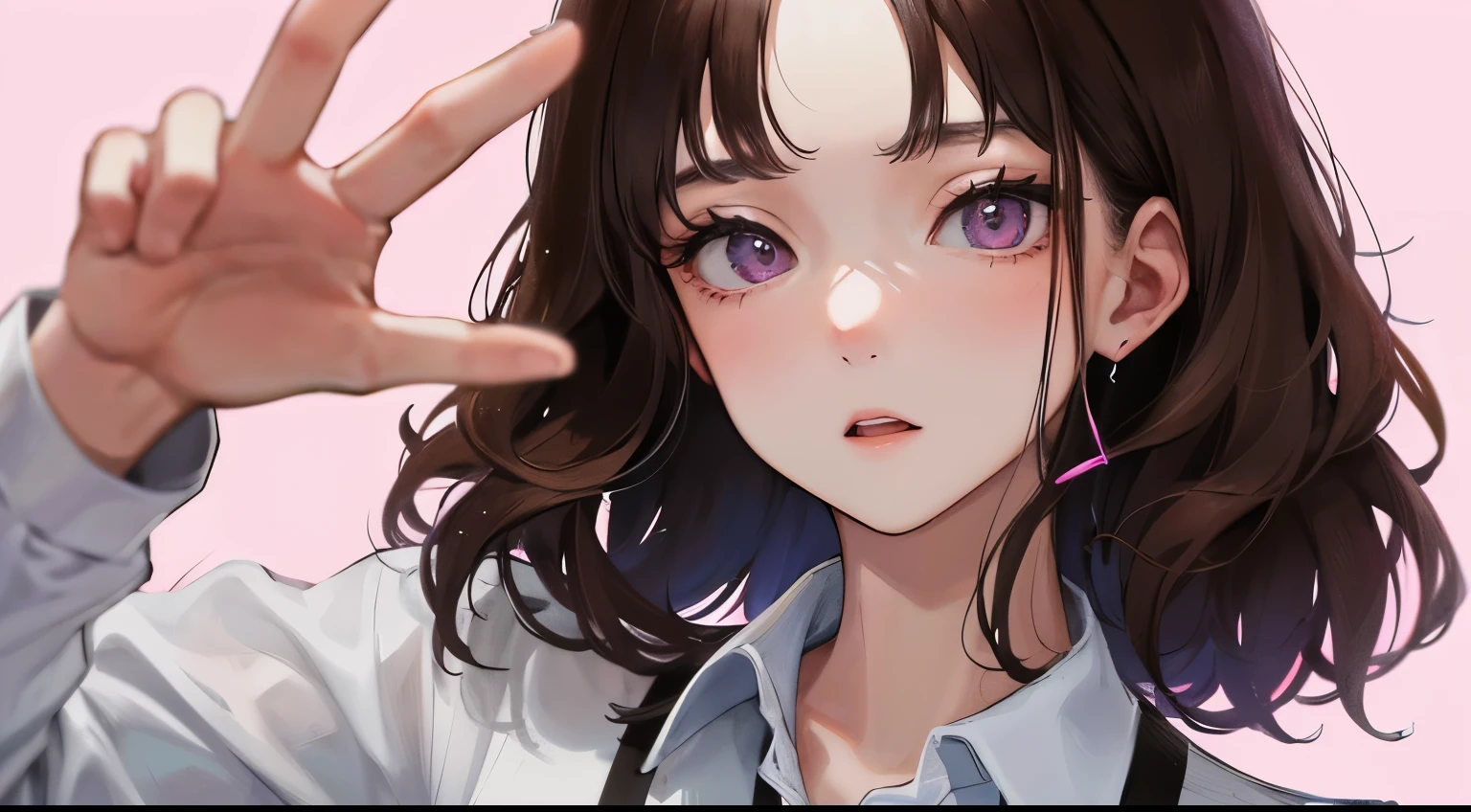 (((1 woman)))、(highest resolution、clear_image)、(((V sign in front of me))), (((white shirt)))、best quality、((Perm hair)),、contrast of light and shadow、、pink solid color background、((illumination))、very detailed、Semi-realistic、brown hair、、Expressionless、bangs、20-year-old、office Lady,,young、((View from the front))、delicate facial features facial features、