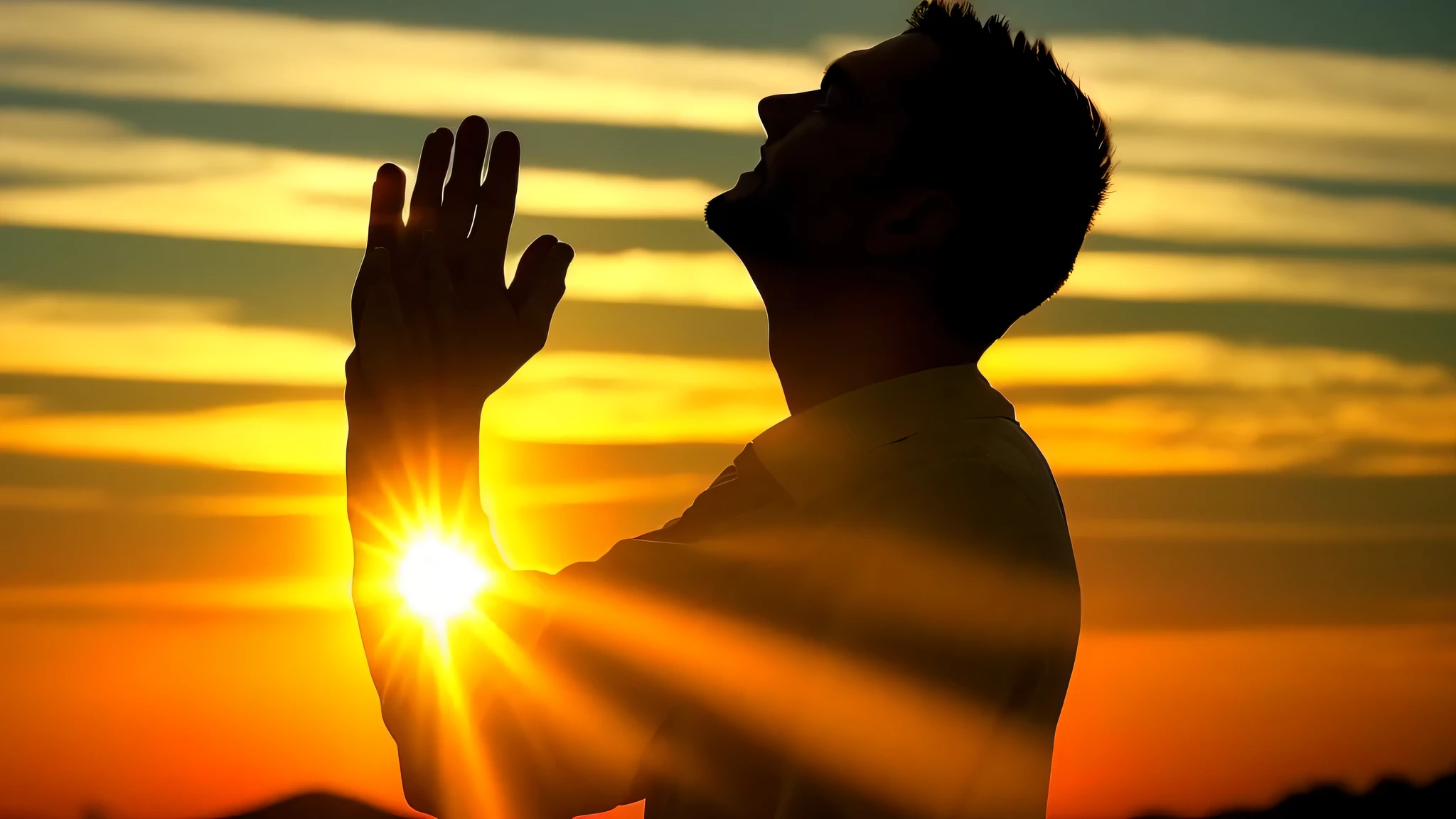 An arafe man silhouetted with his hands raised, pray at the sun, Praise the Sun, doing a prayer, pray posture, sun behind him, Praise the Sun, Reach out to the sky, prayer, pray, Male silhouette, Pointing to the Heavens, worship, youtube video screenshot, man silhouette, Against the background of sacred light