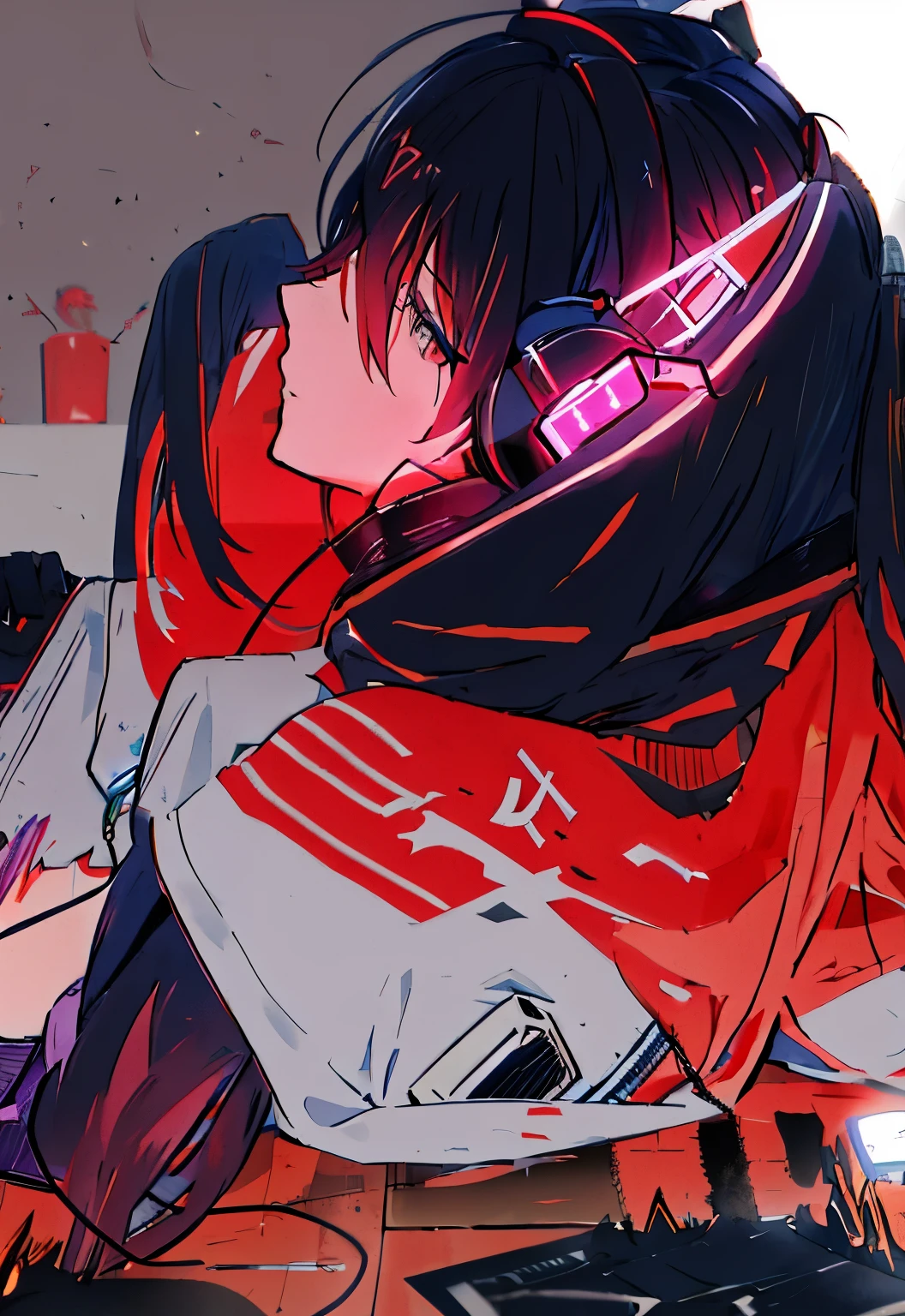 anime girl sitting on floor With headphones on and a cell phone in her hand, he has headphones, With headphones, Listen to music at 2 a.m, night nucleus, laid back, , Kirito, With headphones, guweiz style artwork, in the void, looking at his phone, Gormor Yardre Grimdak Ultra HD