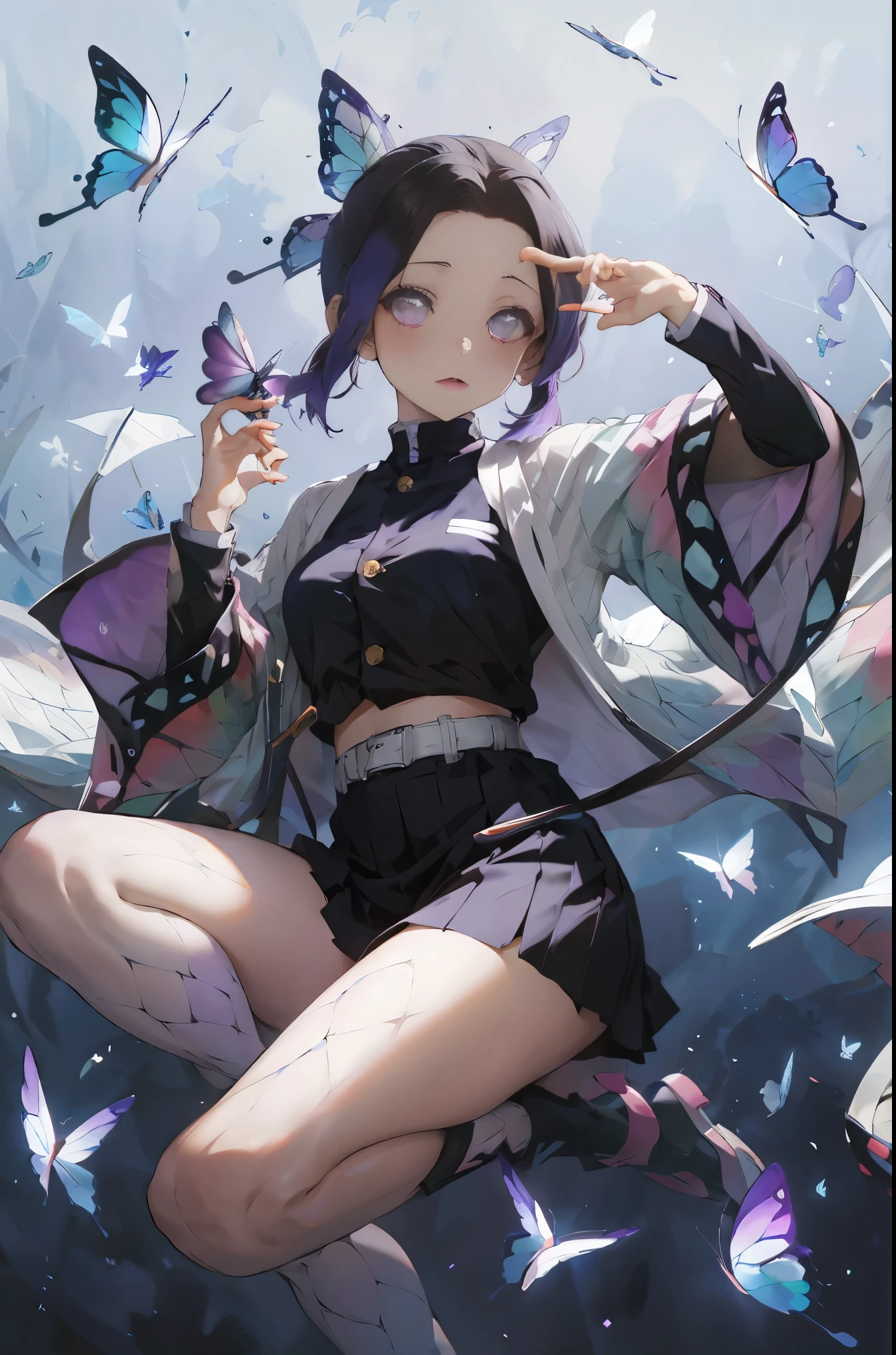 masutepiece, Best Quality, hight resolution, 1girl in, 独奏, kochou shinobu, Decorate your hair with butterflies, violet eyes, Multi-colored hair, Short hair, Parted bangs, Short shorts, open one's legs, Skirt, Turtleneck Top, outside of house, Erotica, Body line, Black pants