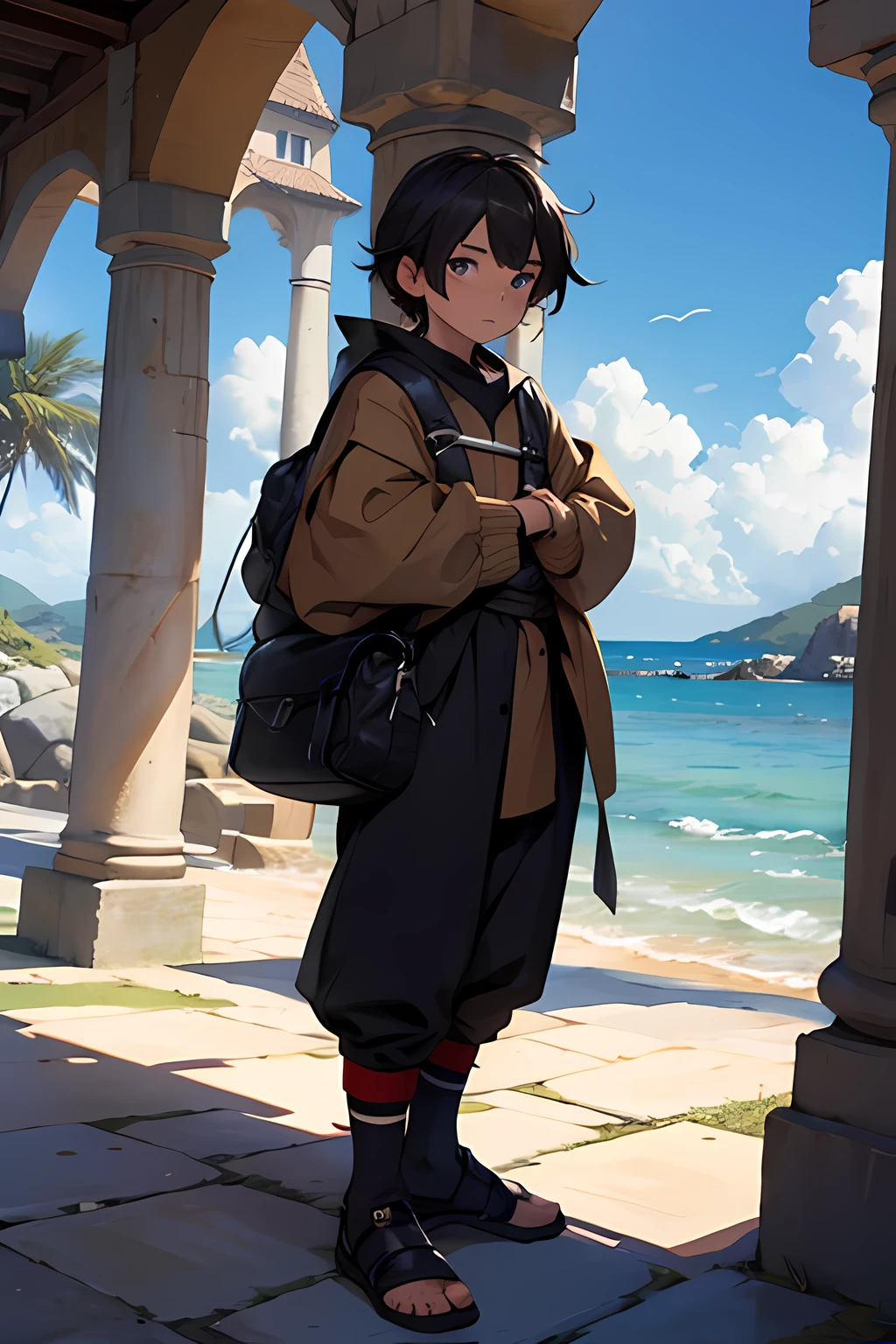 1 garoto, sozinho, tormenta 20, hynne breed, pequeno, marujo, mochila grande, roupas de marujo, medieval, ambiente medieval, 17 anos, pequeno ((Roupas de marujo)) sea scenery, navio, noite, lua, cores predominantes: marinho
