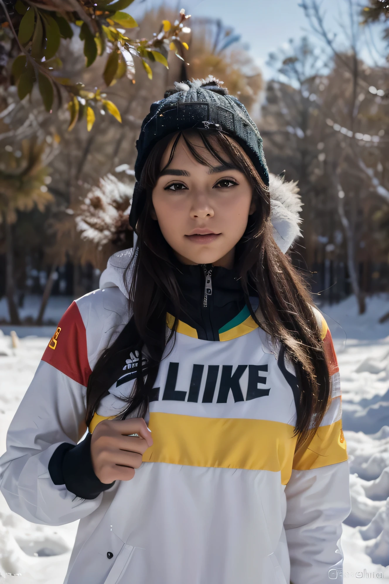 Mejor calidad, alto_resolution, distinto_imagen, antecedentes detallados ,chica, mujer joven cuerpo completo en la nieve, chile, ropa estilo nike, colgante de oro, aros de oro pose caliente, lengua, senos grandes, realista, detalles ultra definidos, 8k high definition, ultra detallado, fondo de nieve, sesion de fotos modelaje FULL HD, detalles en manos y fondo