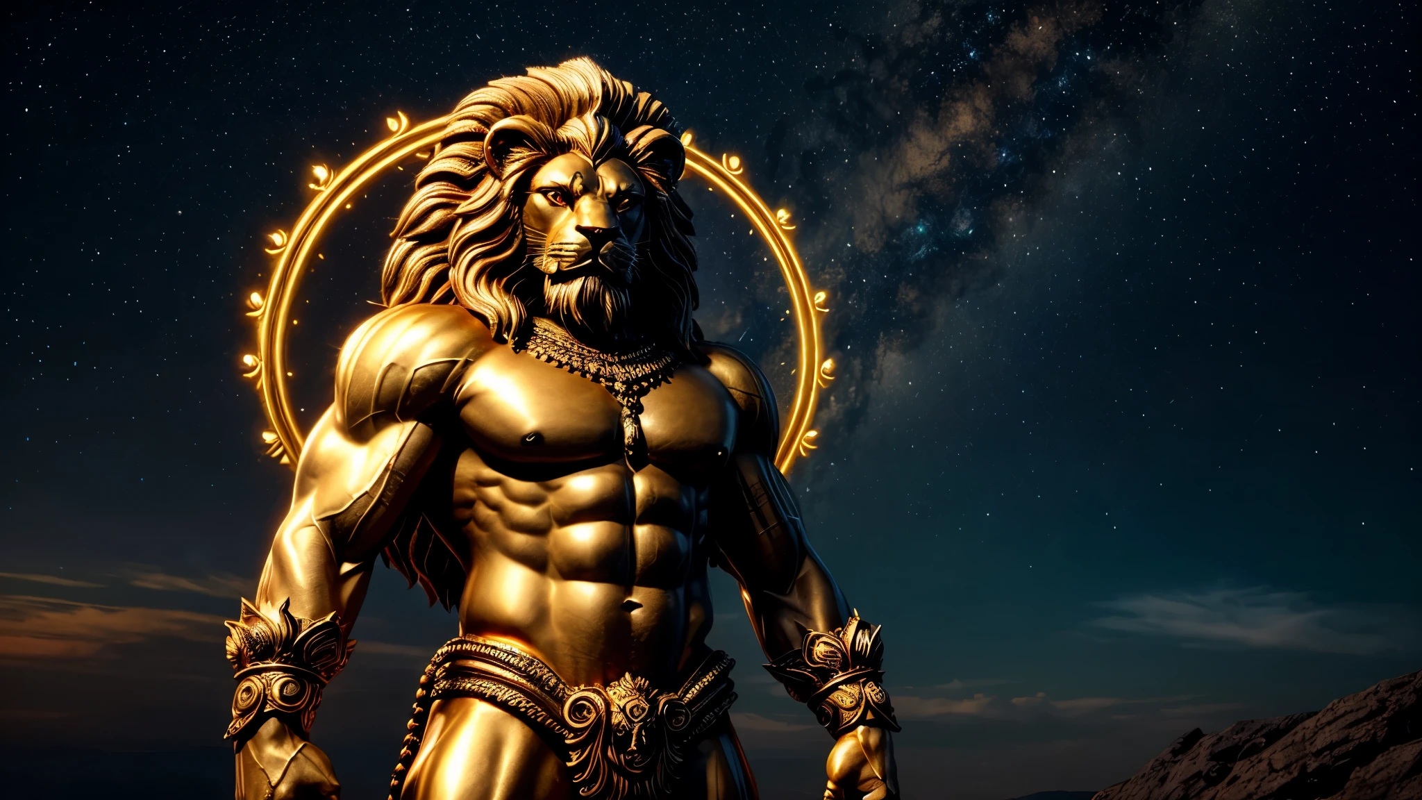 Imagine Narasimha, the lion-headed avatar of the Hindu god Vishnu, as a powerful and awe-inspiring deity embodying both human and animal forms. Narasimha's face is fierce and majestic, with piercing eyes that exude wisdom and strength. His lion-like mane cascades down his back, blending seamlessly with his divine aura. His muscular humanoid body is adorned with ornate jewelry and symbols of divine power, while his lion's claws and teeth are fearsome and sharp. Narasimha's posture exudes confidence and authority, as he stands tall amidst celestial clouds and radiant light, symbolizing his role as a protector and defender of righteousness