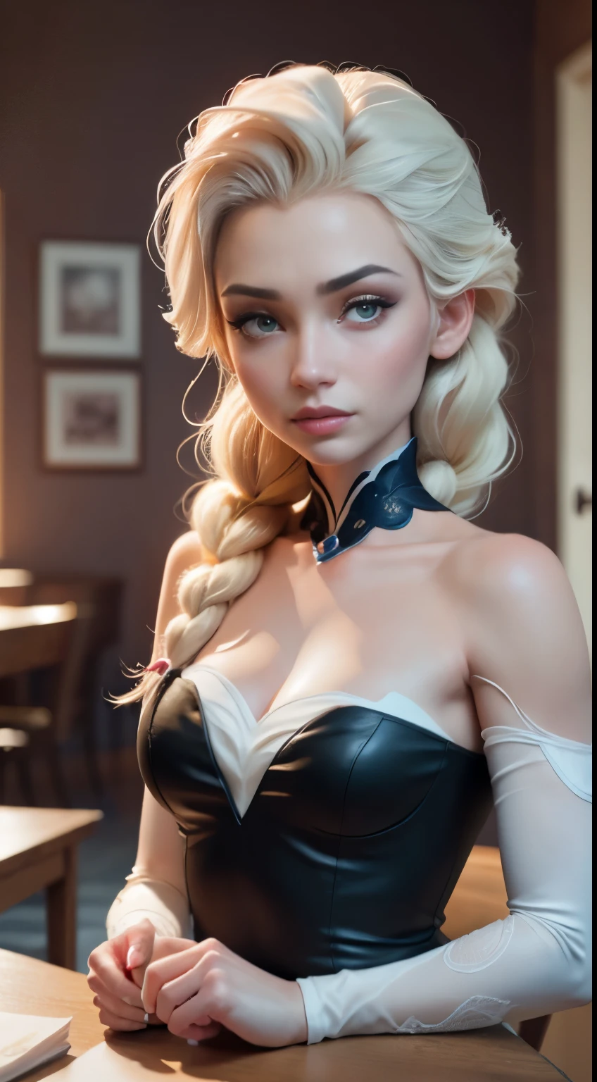  Elsa,cara, black lingerie, looking at camera, ponytail, blue eyes, (masterpiece, best quality, highres, absurdres, ultra-detailed:1.2), (detail skin texture, ultra-detailed body:1.1), RAW photo, (high detailed skin:1.2), 8k uhd, dslr, (large breast:1.4)
