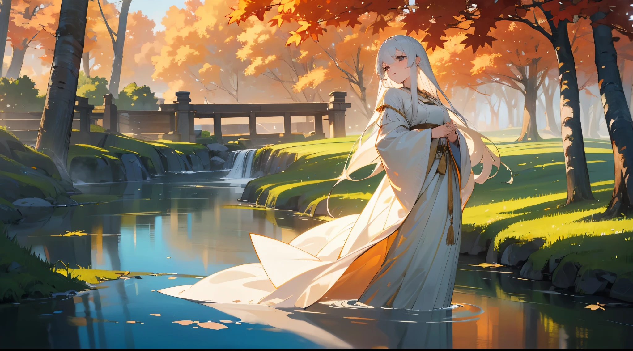 (best quality,4k,highres,masterpiece:1.2),ultra-detailed,realistic,photorealistic:1.37,portrait,blue sky,serene atmosphere,fall season,serene atmosphere,golden sunlight,falling leaves,evening time,tranquil ambiance,majestic tree,torii gate,illumination,peaceful setting,crimson foliage,dream-like,picturesque surroundings,natural beauty,breath-taking landscape,graceful girl with white hair,serene expression,detailed eyes,natural beauty,long flowing hair,elegant pose,calm demeanor,radiant smile,serene beauty,ethereal atmosphere,majestic scenery,harmonious colors,serene shadows,dappled sunlight,mysterious aura,harmonious composition,tranquil environment,calming hues,rustling leaves,dreamy atmosphere