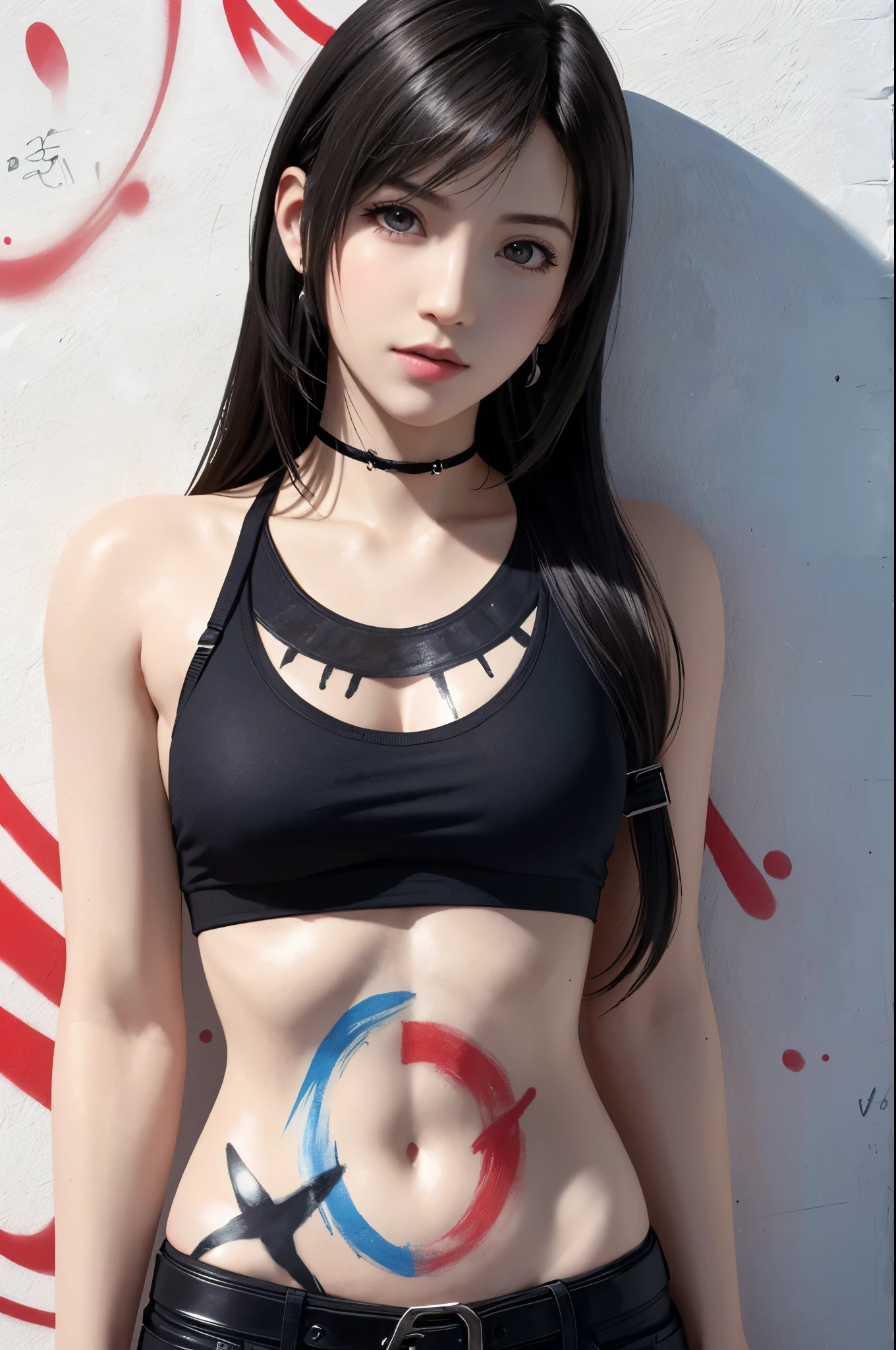 (top quality, masterpiece: 1.1), (Realistic: 1.3), wallpapers, BREAK (((FF7,Tifa_lockhart,solo))),Ultra-detailed face, Detailed eyes, Red eyes, (black brown hair, Large breasts: 1.0), BREAK (((FF7,Tifa_lockhart))),(graffiti:1.5), paint splatter, arms behind back, against wall, thigh strap, (paint on body:1.3, body paint:1.3), head tilt, bored,{wearing a crop top, denim shorts, choker},(no bra),(no panties),(Small and beautiful hard nipple),About 18 years old, kawaii, headset,