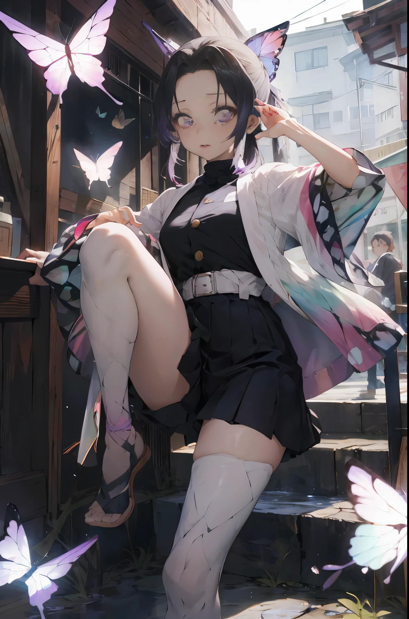masutepiece, Best Quality, hight resolution, 1girl in, 独奏, kochou shinobu, Decorate your hair with butterflies, violet eyes, Multi-colored hair, Short hair, Parted bangs, Short shorts, open one's legs, Skirt, Turtleneck Top, outside of house, Erotica, Body line, Black pants