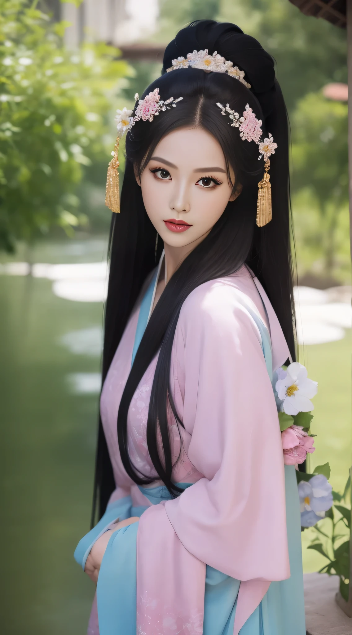 fashion model 30 years old [[[[Close-up cleavage]]]], [[[[]]]], [[[[rape]]]], [[[[shoulder]]]], perfect eyes, perfect iris，perfect lips，perfect teeth，perfect skin，long face，slender nose，Soft headlight，human development report，girl，Colorful Tang suit，long black hair，Long hair with a shawl，Long hair like a waterfall，Gorgeous headdress，The background is external，Flowers and green leaves in the background，（pastel colors：1.2）