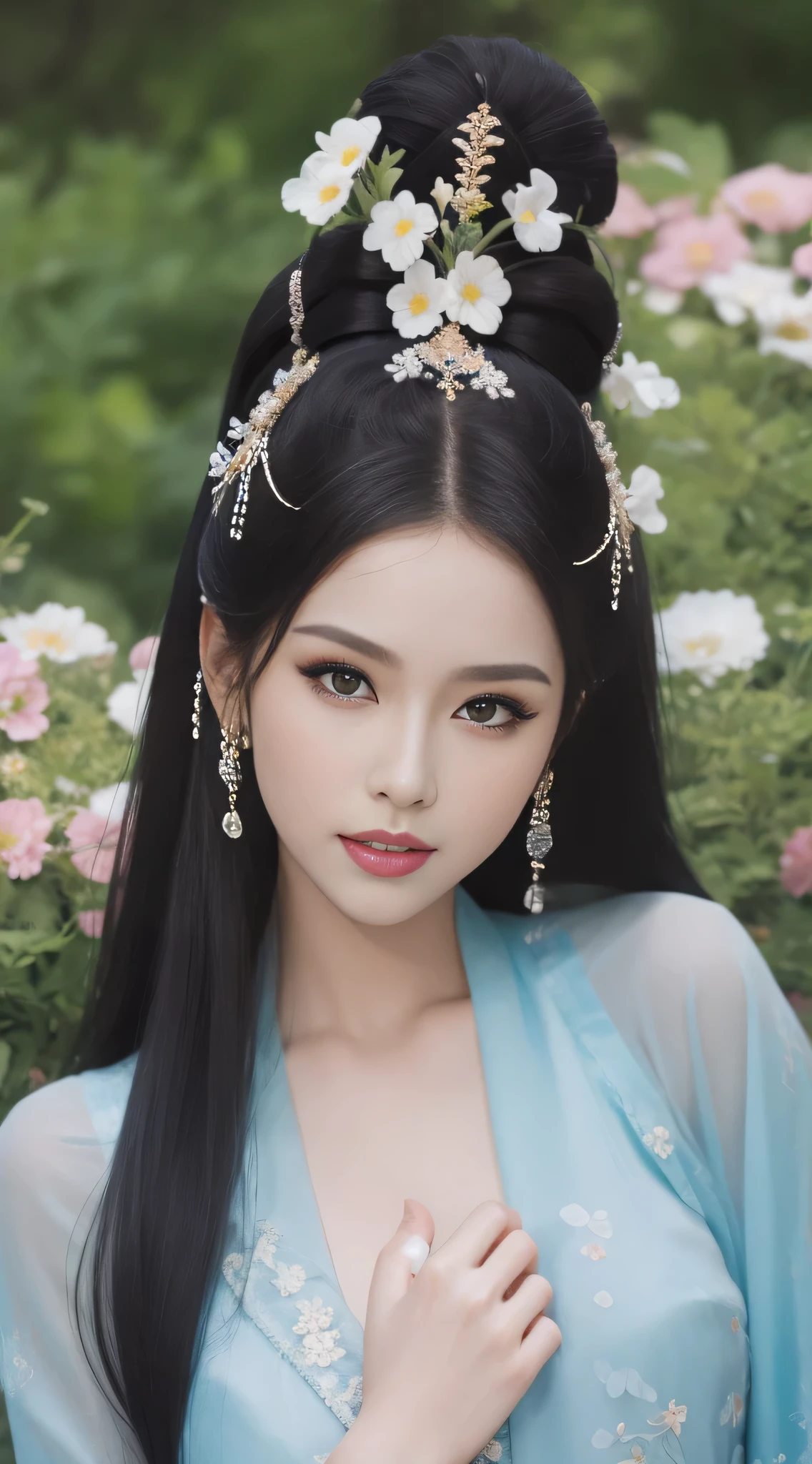 fashion model 30 years old [[[[Close-up cleavage]]]], [[[[]]]], [[[[rape]]]], [[[[shoulder]]]], perfect eyes, perfect iris，perfect lips，perfect teeth，perfect skin，long face，slender nose，Soft headlight，human development report，girl，Colorful Tang suit，long black hair，Long hair with a shawl，Long hair like a waterfall，Gorgeous headdress，The background is external，Flowers and green leaves in the background，（pastel colors：1.2）